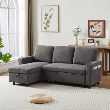 Fx78.7" Comfortable Corduroy L Shaped Combo Sofa Bed, Living Room Furniture Set For Tight Spaces, Reversible Sleeper Combo Sofa With Pullout Bed, Reversible Sofa Bed For Living Room, Office, Apartment Grey Wood Primary Living Space Foam Corduroy 3 Seat