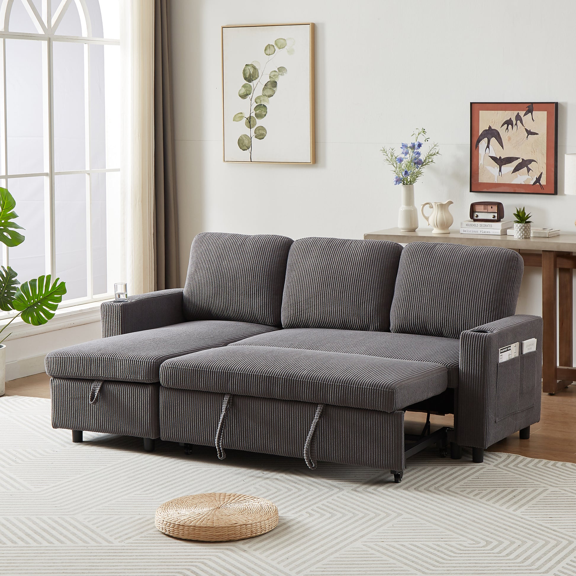 Fx78.7" Comfortable Corduroy L Shaped Combo Sofa Bed, Living Room Furniture Set For Tight Spaces, Reversible Sleeper Combo Sofa With Pullout Bed, Reversible Sofa Bed For Living Room, Office, Apartment Grey Wood Primary Living Space Foam Corduroy 3 Seat