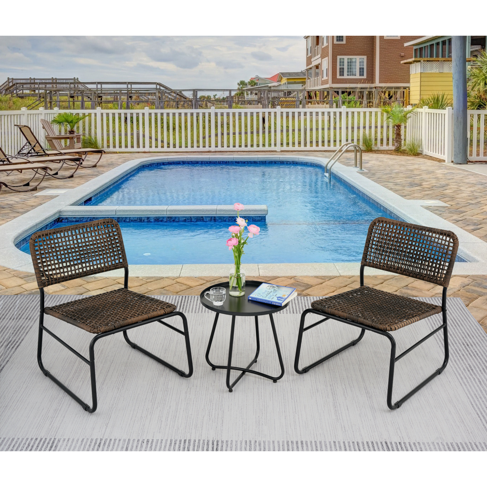 Patio Furniture Set 3 Piece Mixture Pattern Pe Rattan Steel Frame And Modern Round Table, Brown And Black No Sectional Black Brown Seats 2 Rust Resistant Frame Garden & Outdoor American Design,American Traditional,Antique,Vintage 2 Person Seating Group