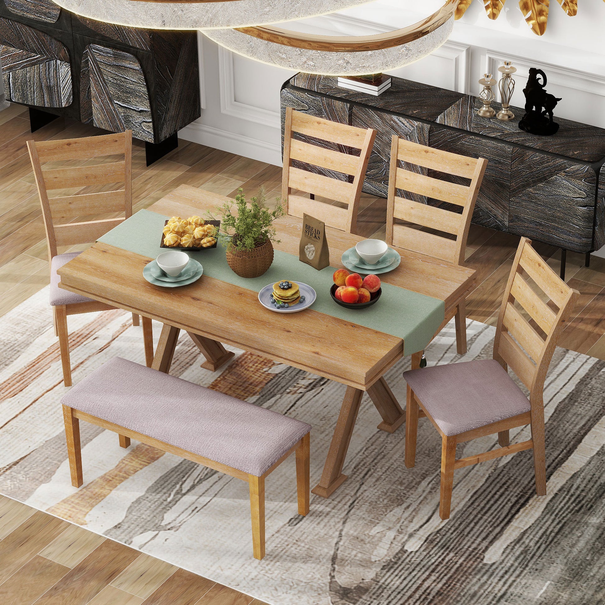 6 Piece Retro 59"L Rectangular Dining Table Set, Table With Unique Legs And 4 Upholstered Chairs & 1 Bench For Dining Room And Kitchen Natural Wood Wash Wood Dining Room Distressed Finish Rubberwood Rectangular Dining Table With Chair And Bench