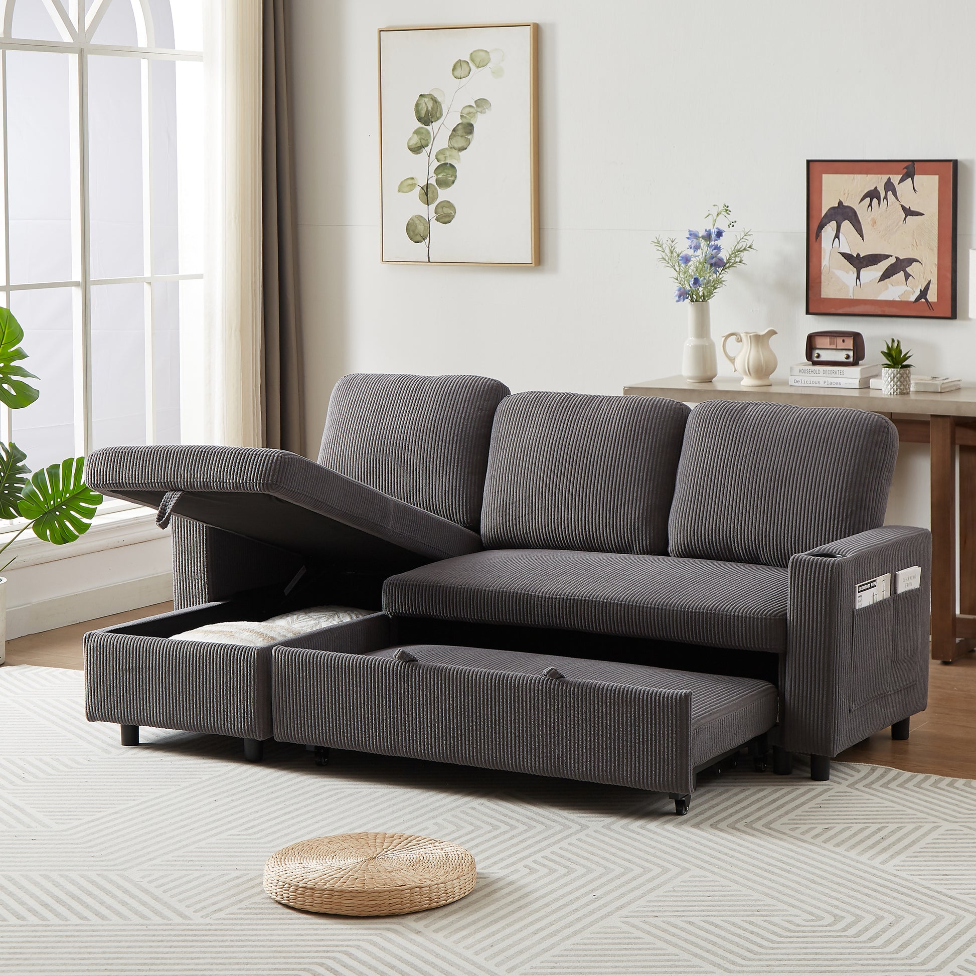 Fx78.7" Comfortable Corduroy L Shaped Combo Sofa Bed, Living Room Furniture Set For Tight Spaces, Reversible Sleeper Combo Sofa With Pullout Bed, Reversible Sofa Bed For Living Room, Office, Apartment Grey Wood Primary Living Space Foam Corduroy 3 Seat