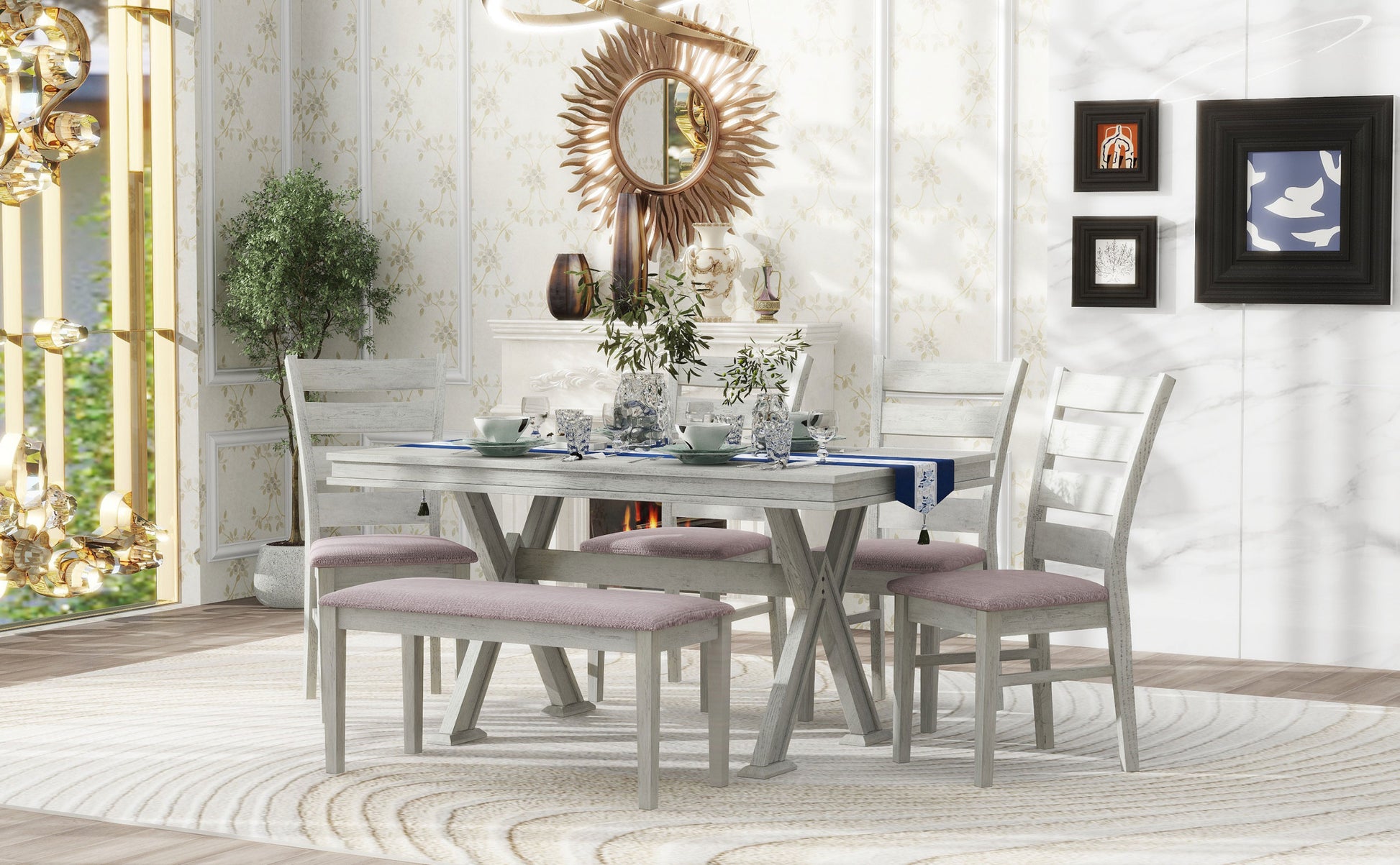 6 Piece Retro 59"L Rectangular Dining Table Set, Table With Unique Legs And 4 Upholstered Chairs & 1 Bench For Dining Room And Kitchen White Wood Dining Room Distressed Finish Rubberwood Rectangular Dining Table With Chair And Bench Upholstered Chair