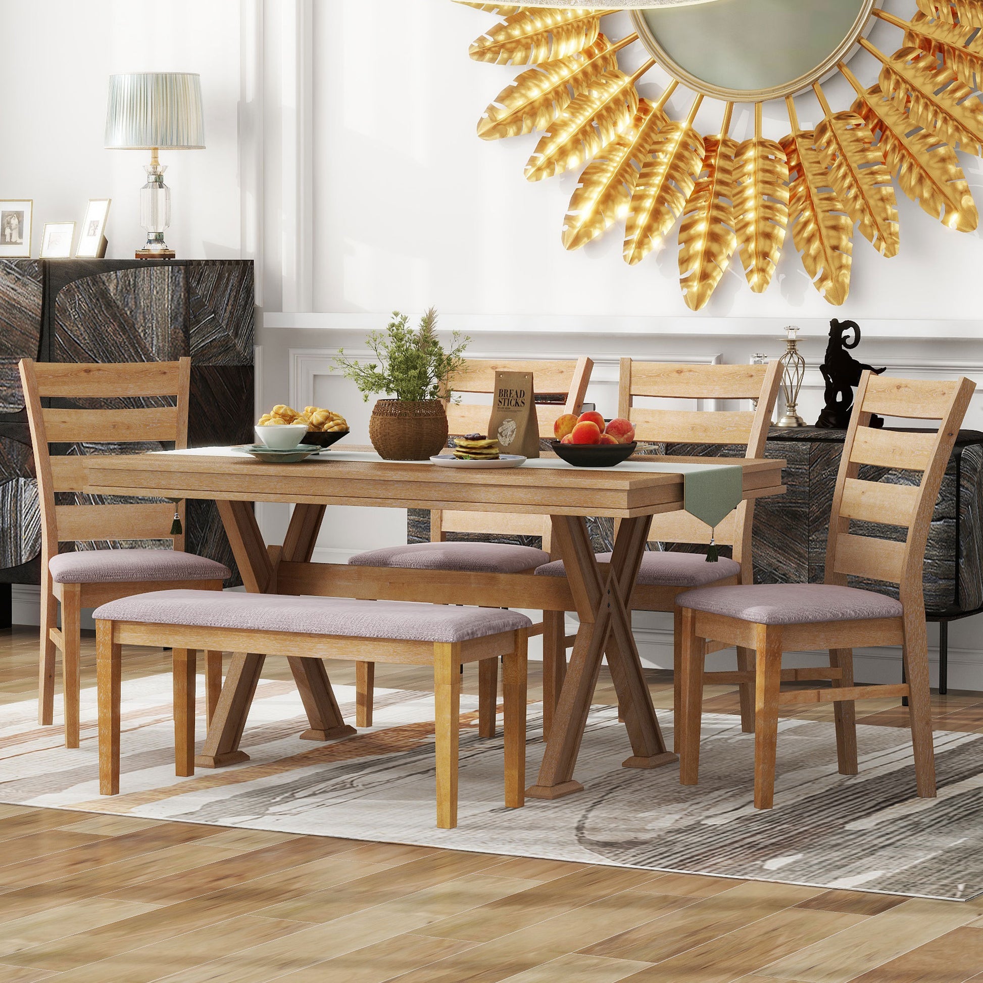 6 Piece Retro 59"L Rectangular Dining Table Set, Table With Unique Legs And 4 Upholstered Chairs & 1 Bench For Dining Room And Kitchen Natural Wood Wash Wood Dining Room Distressed Finish Rubberwood Rectangular Dining Table With Chair And Bench