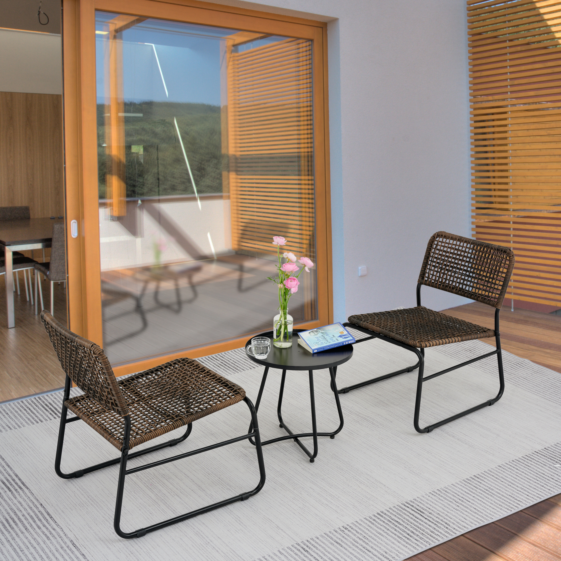 Patio Furniture Set 3 Piece Mixture Pattern Pe Rattan Steel Frame And Modern Round Table, Brown And Black No Sectional Black Brown Seats 2 Rust Resistant Frame Garden & Outdoor American Design,American Traditional,Antique,Vintage 2 Person Seating Group