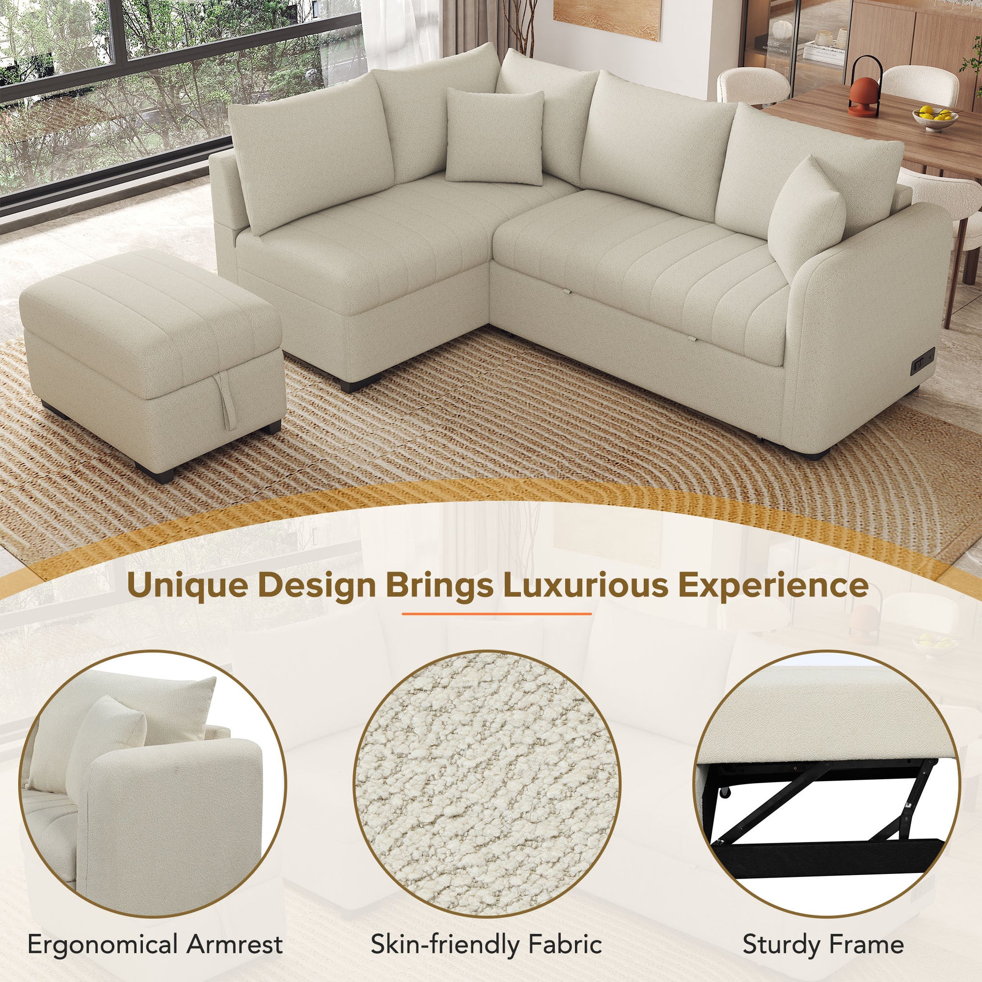 82.6" L Shaped Sectional Pull Out Sofa Bed Sleeper Sofa With Two Usb Ports, Two Power Sockets And A Movable Storage Ottoman, Beige Beige Foam Polyester