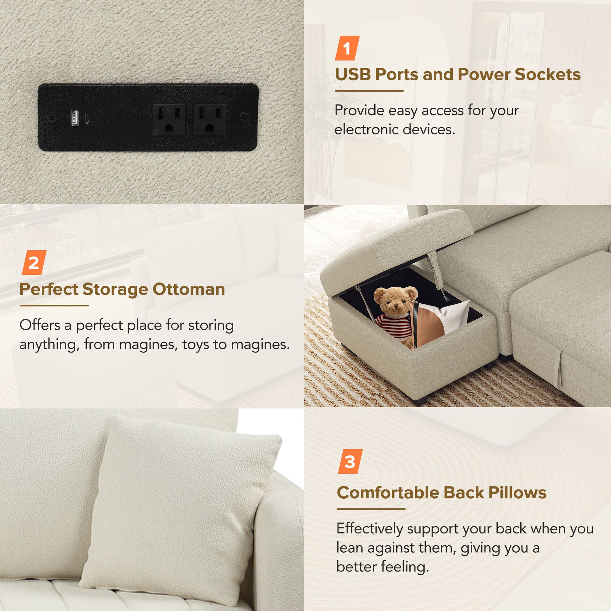 82.6" L Shaped Sectional Pull Out Sofa Bed Sleeper Sofa With Two Usb Ports, Two Power Sockets And A Movable Storage Ottoman, Beige Beige Foam Polyester