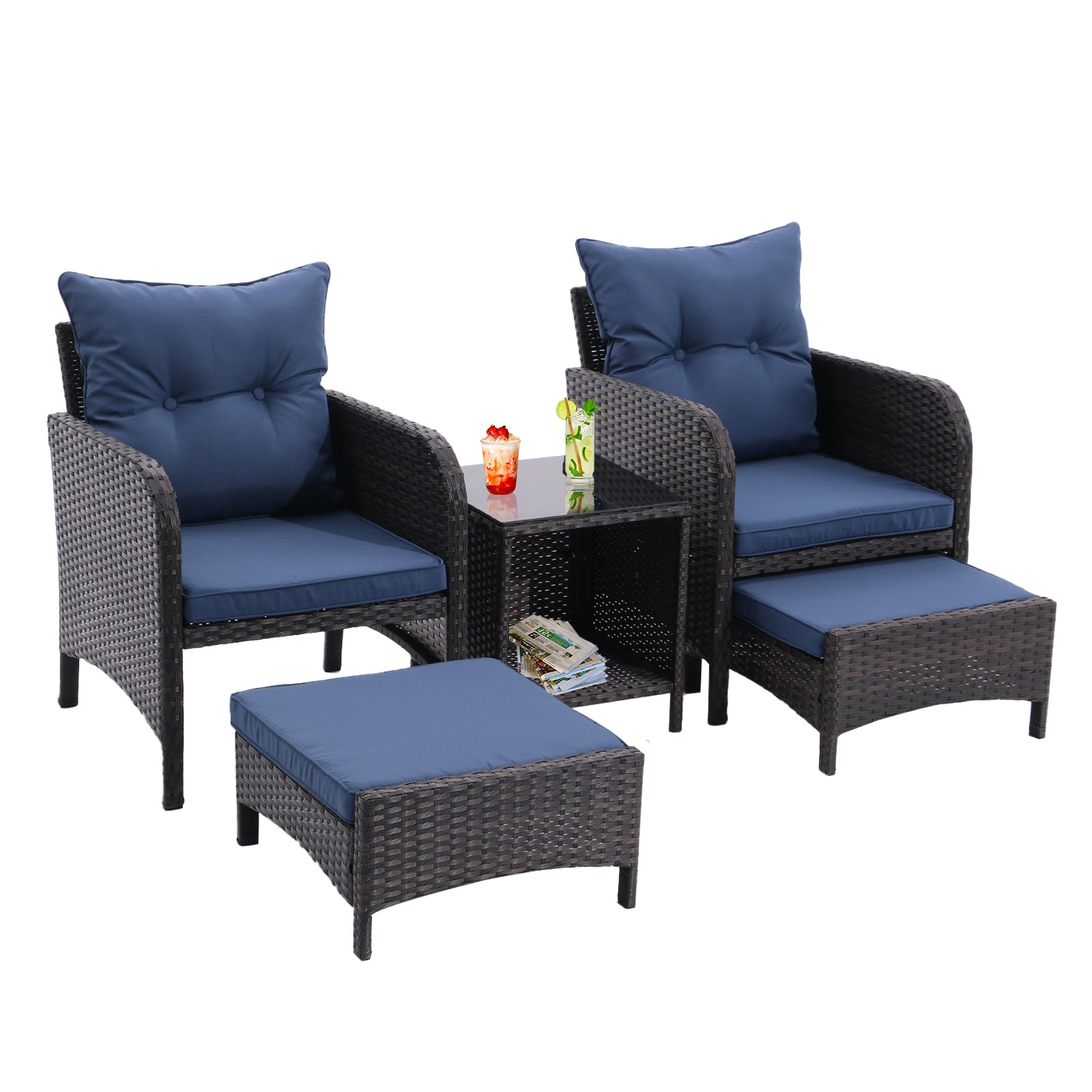 5 Piece Outdoor Patio Furniture Set,All Weather Pe Rattan Conversation Chairs With Armrest And Removable Cushions,Ottomans And Storage Coffee Table For Poolside Garden Balcony Deck Peacock Blue Yes Peacock Blue Pe Rattan Iron Waterproof Fabric