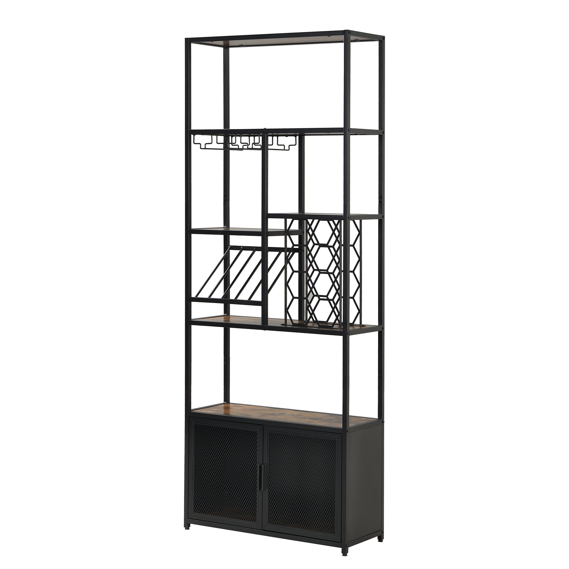 82.7" Industrial Standing Wine Rack With Glass Rack Tall Freestanding Floor Bar Cabinet Walnut Black Dining Room Industrial Mdf Metal