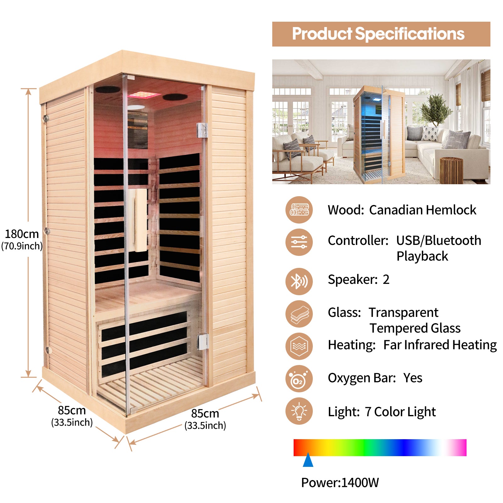 Canadian Hemlock Single Sauna Room - Ancient Oak