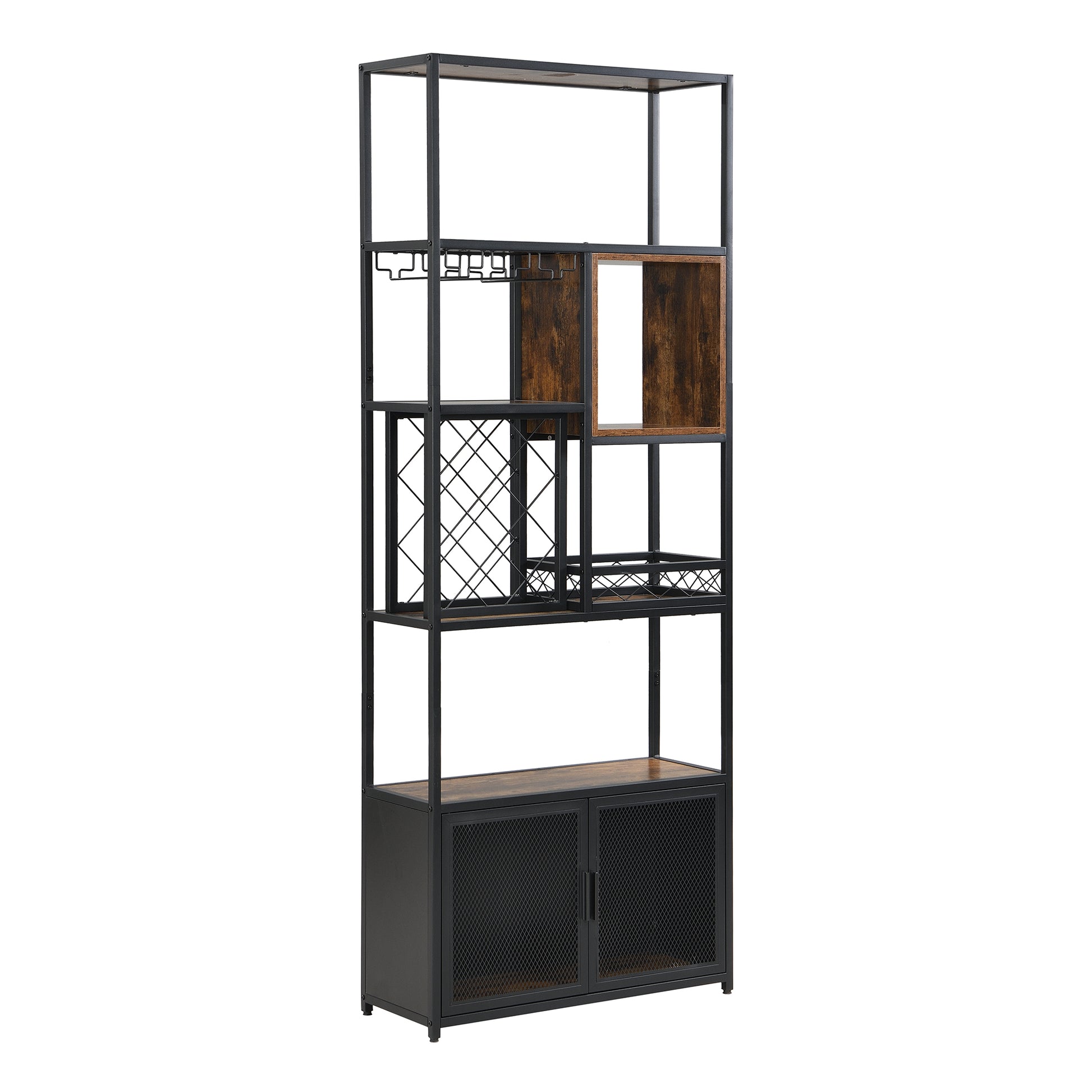 82.7" Industrial Tall Black Bar Wine Rack Cabinet With Glass Holder Wood Home Bar Cabinet Walnut Black Dining Room Industrial Mdf Metal