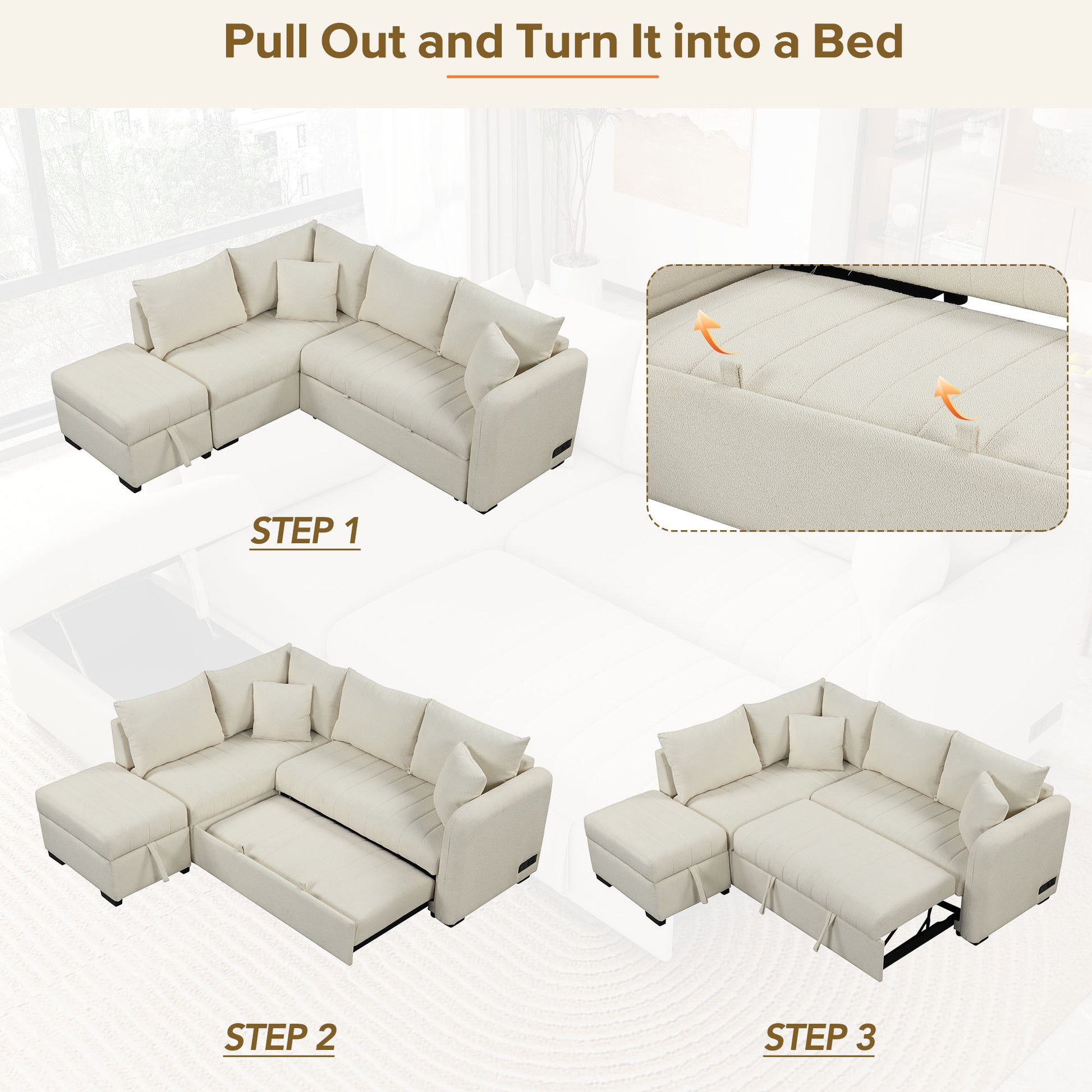 82.6" L Shaped Sectional Pull Out Sofa Bed Sleeper Sofa With Two Usb Ports, Two Power Sockets And A Movable Storage Ottoman, Beige Beige Foam Polyester