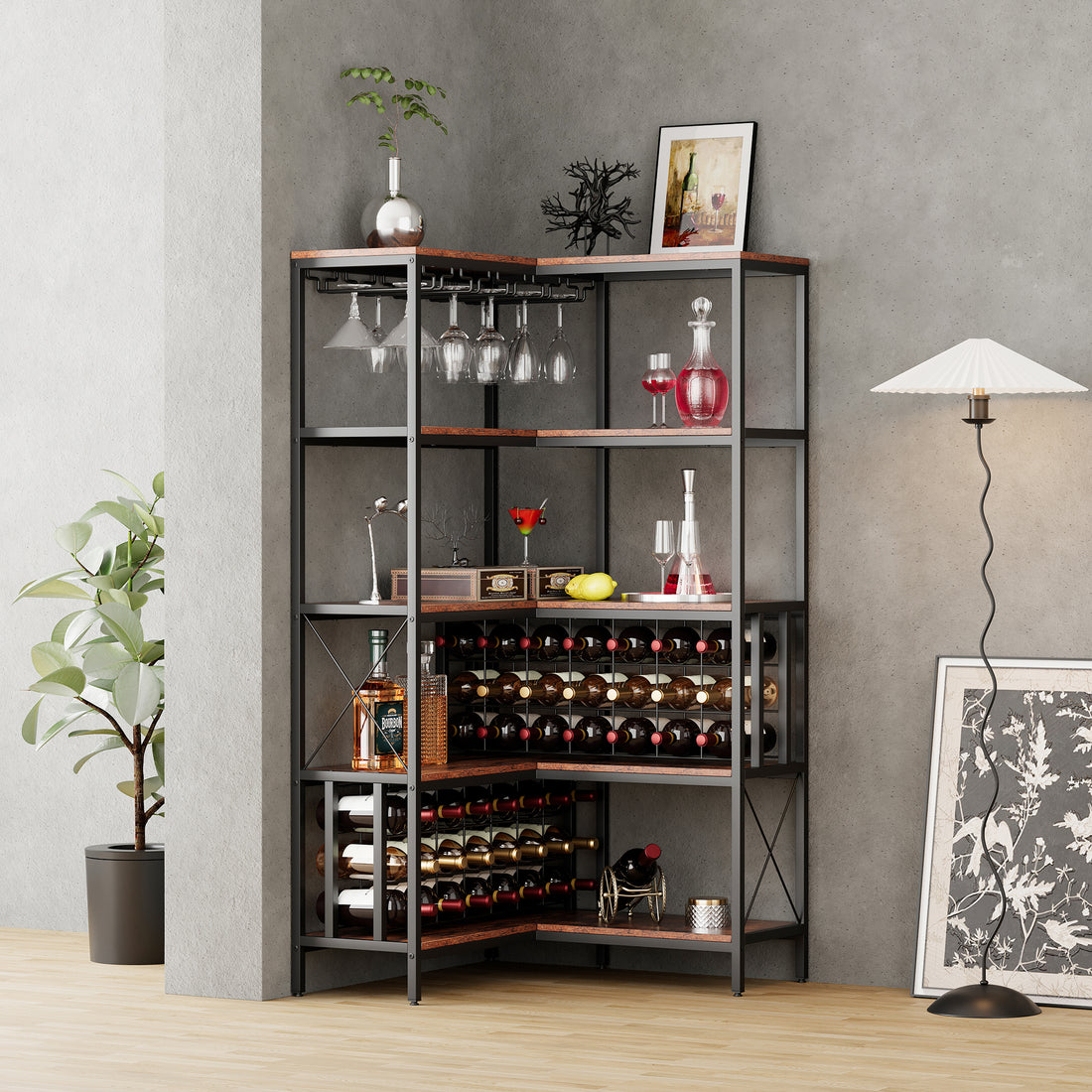 Corner Wine Rack Bar Cabinet Industrial Freestanding Floor Bar Cabinets For Liquor And Glasses Storage For Home Kitchen Walnut Black Dining Room Industrial Mdf Metal