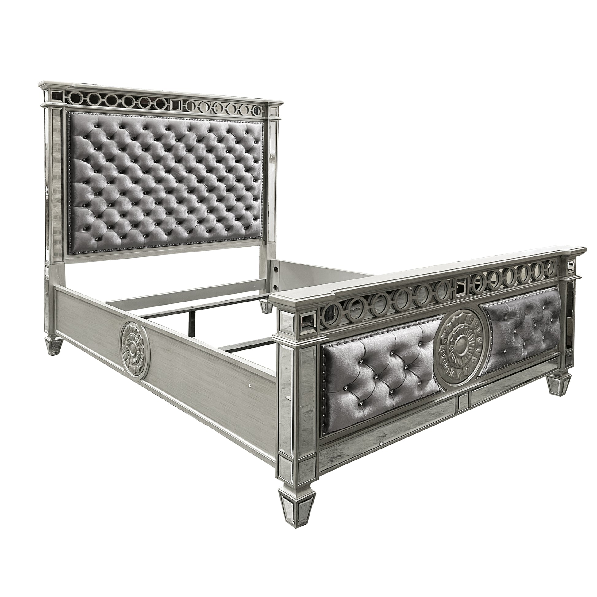 Varian Queen Bed, Gray Fabric & Mirrored Bd02303Q Gray Fabric