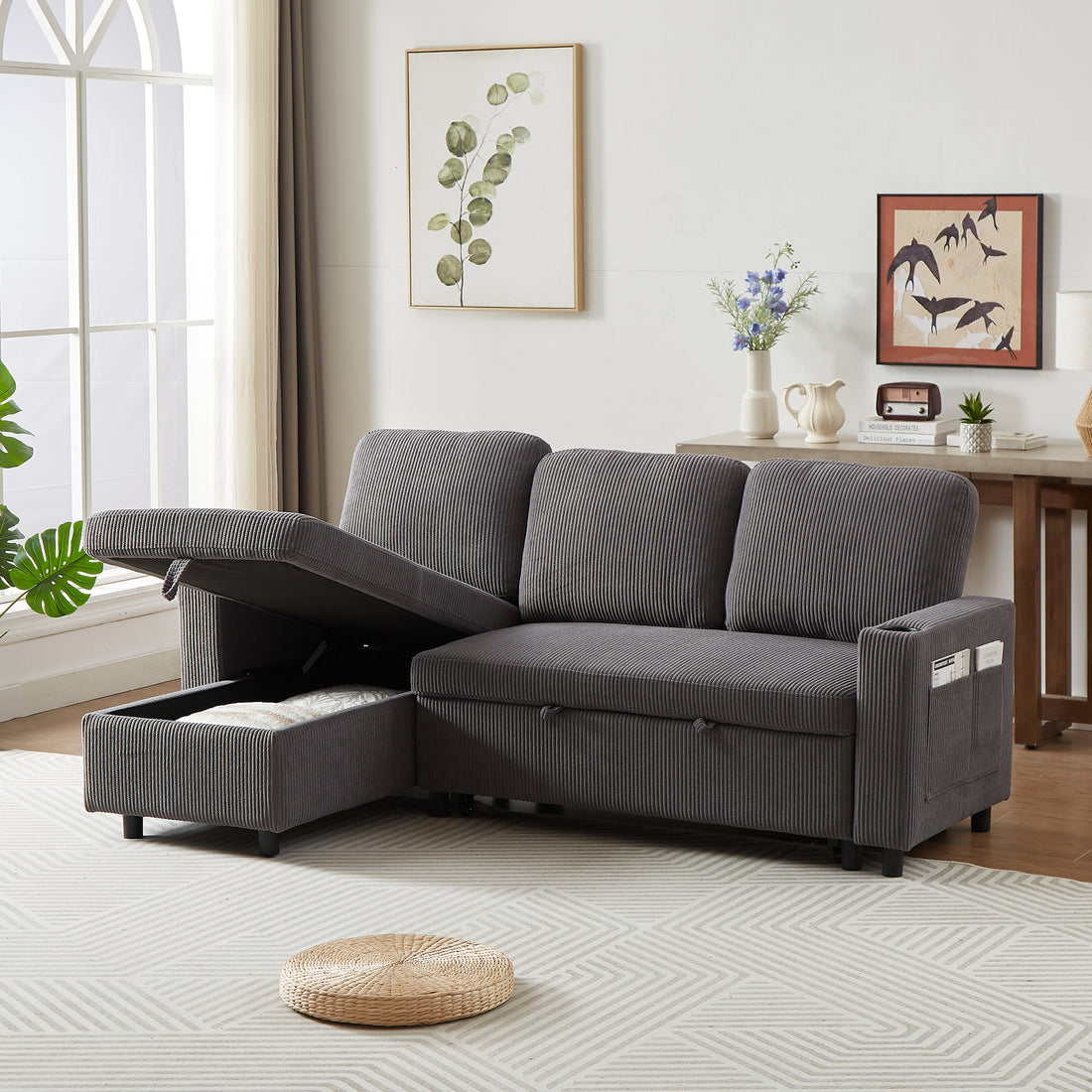 Fx78.7" Comfortable Corduroy L Shaped Combo Sofa Bed, Living Room Furniture Set For Tight Spaces, Reversible Sleeper Combo Sofa With Pullout Bed, Reversible Sofa Bed For Living Room, Office, Apartment Grey Wood Primary Living Space Foam Corduroy 3 Seat