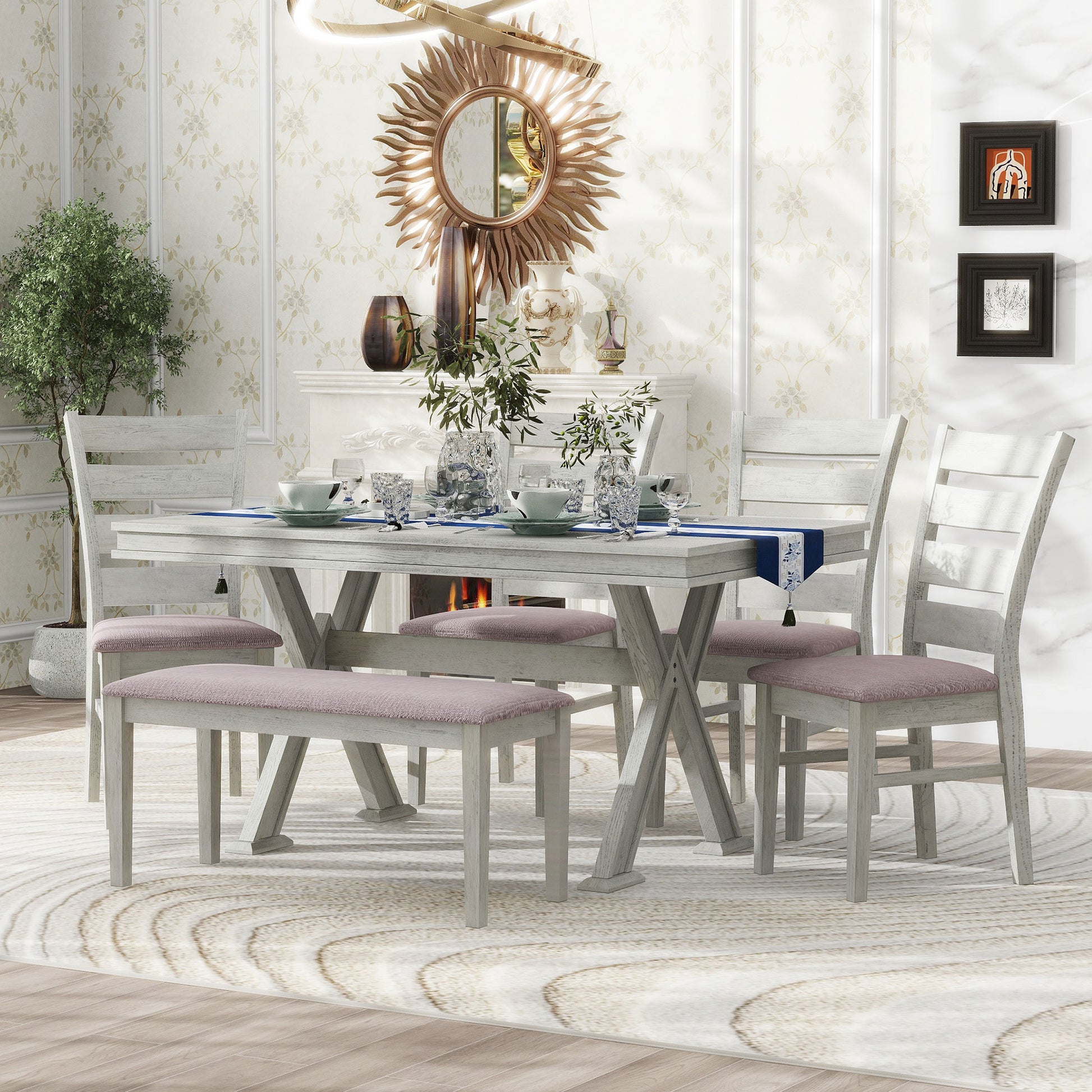 6 Piece Retro 59"L Rectangular Dining Table Set, Table With Unique Legs And 4 Upholstered Chairs & 1 Bench For Dining Room And Kitchen White Wood Dining Room Distressed Finish Rubberwood Rectangular Dining Table With Chair And Bench Upholstered Chair