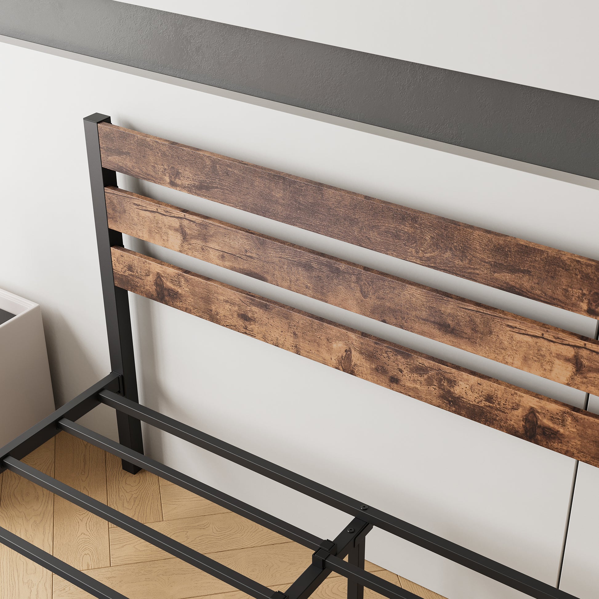 Queen Size Platform Bed Frame With Rustic Vintage Wood Headboard, Strong Metal Slats Support Mattress Foundation, No Box Spring Needed Rustic Brown Box Spring Not Required Queen Black Metal Brown Bedroom Bed Frame Metal & Wood