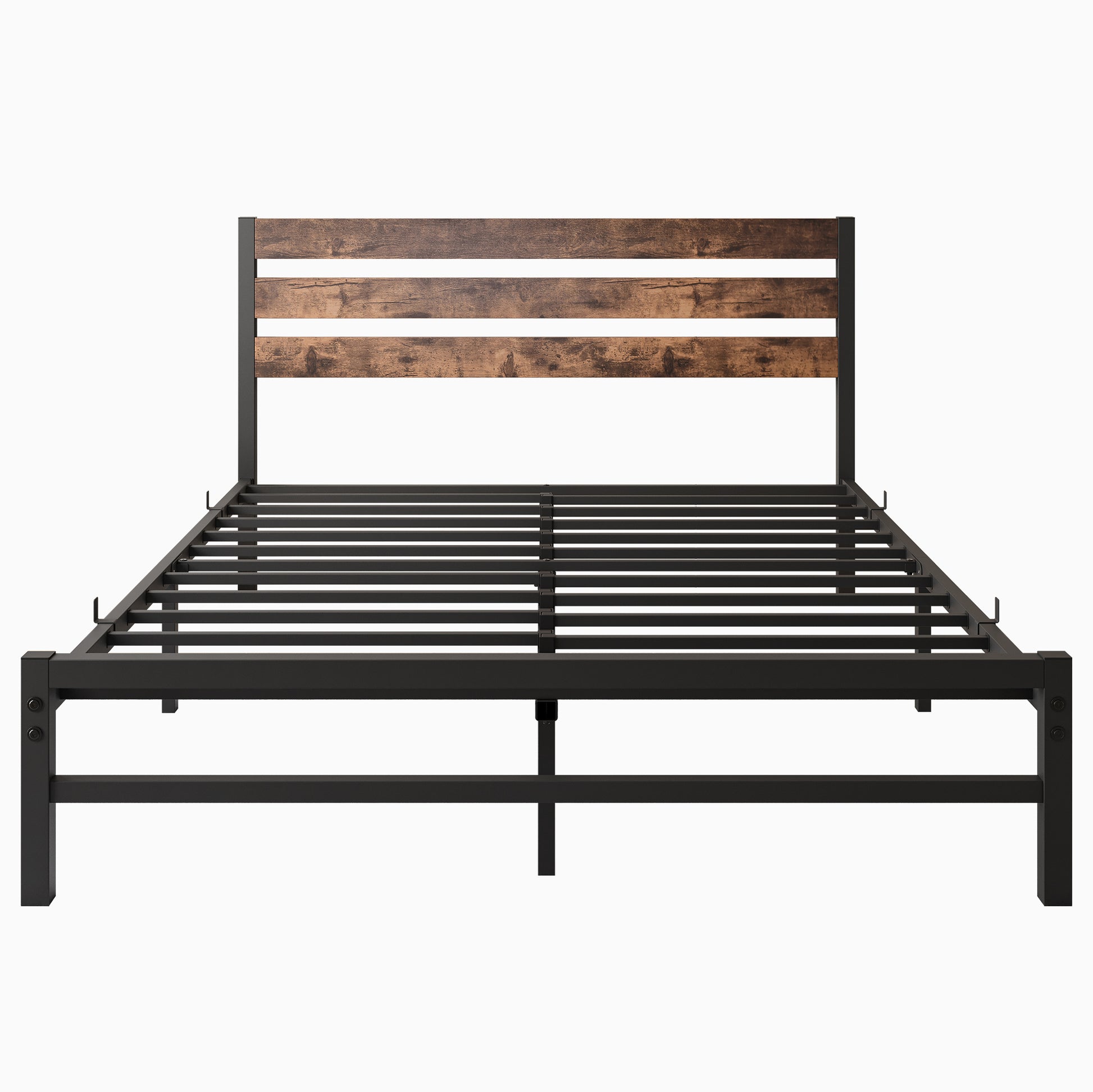Queen Size Platform Bed Frame With Rustic Vintage Wood Headboard, Strong Metal Slats Support Mattress Foundation, No Box Spring Needed Rustic Brown Box Spring Not Required Queen Black Metal Brown Bedroom Bed Frame Metal & Wood
