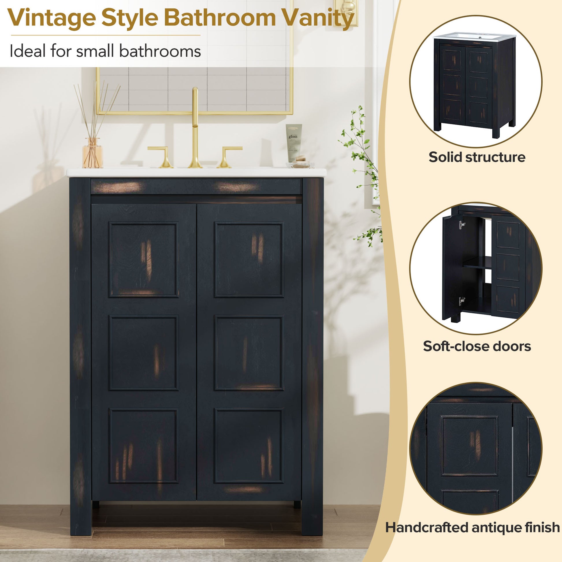 24X18X34 Inches Vintage Style Small Bathroom Vanity Combo With Ceramic Sink, 2 Soft Close Doors Espresso Bathroom Solid Wood Mdf