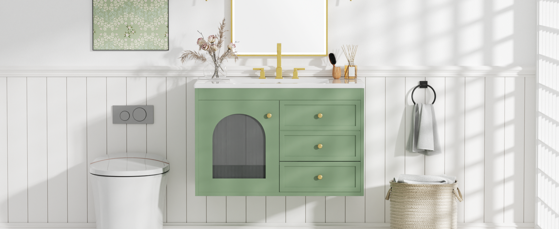 30X18X19.6 Inches Elegant Floating Bathroom Vanity Sink And Cabinet Combo 1 Door And 2 Drawers Green Bathroom Mdf