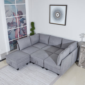 7 Seat Couch Woven Fabric 7 Seater Sectional Sofa With Storage Grey Grey Chenille Wood Primary Living Space Medium Soft Cushion Back Medium Duty Casual,Classic,Modern Armless Foam Wood 7 Seat