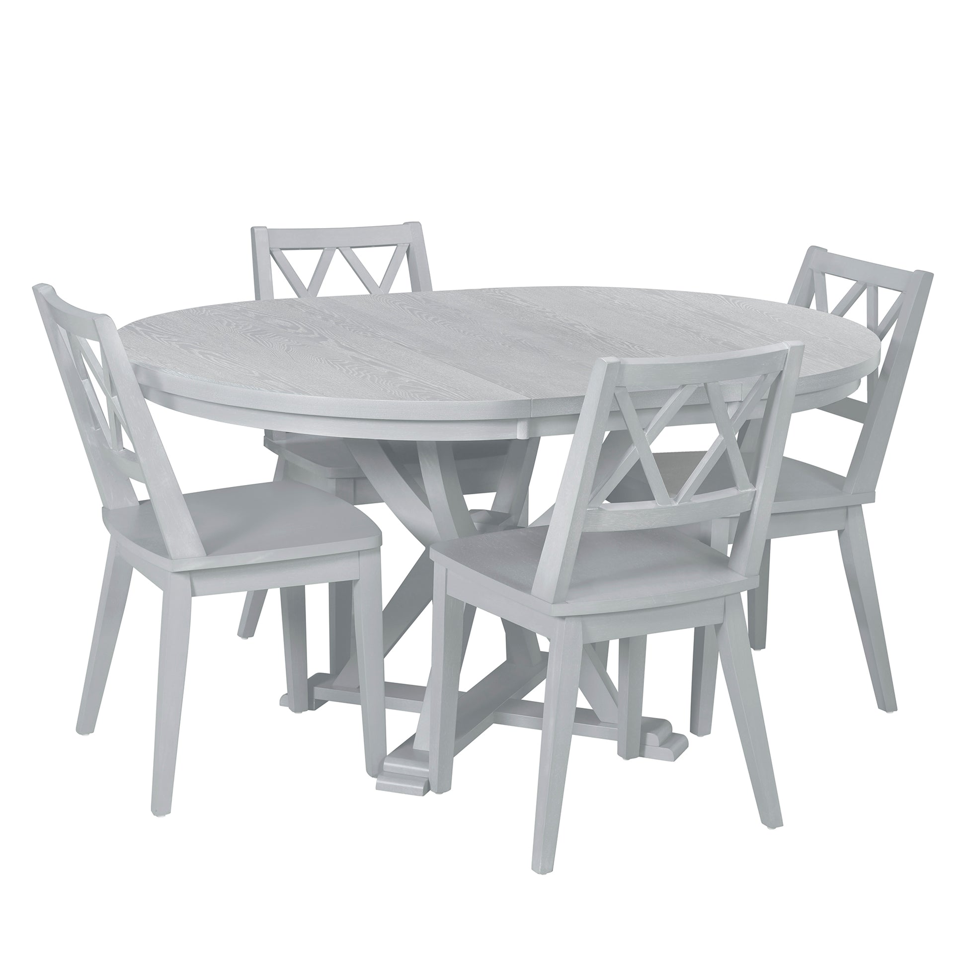 Mid Century 5 Piece Extendable Round Dining Table Set With 15.7" Removable Leaf And 4 Cross Back Dining Chairs, Grey Gray Wood Dining Room Extendable Rubberwood Oval Dining Table With Chair Wood Wood Antique Gray Seats 4 Removable Leaf Mid Century Modern