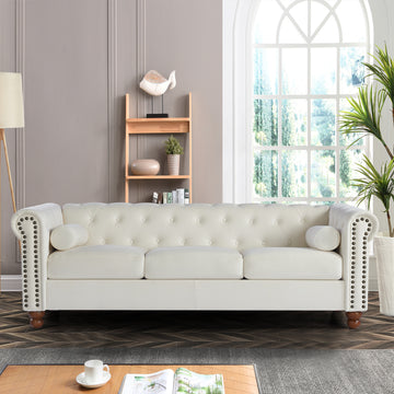 Classic Traditional Living Room Upholstered Sofa With Velvet Fabric Surface Chesterfield Tufted Fabric Sofa Couch, Large White White Primary Living Space Medium Soft Cushion Back Square Arms Foam Velvet 3 Seat
