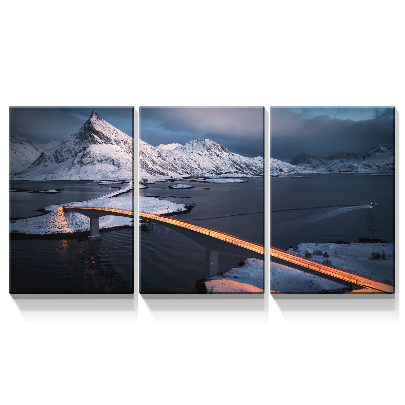 3 Panels Framed Bridge Above Ice Sea Canvas Wall Art Decor,3 Pieces Mordern Canvas Decoration Painting For Office,Dining Room,Living Room, Bedroom Decor Ready To Hang Rectangle Framed Multicolor Oversized 41In Canvas Nature Scenes