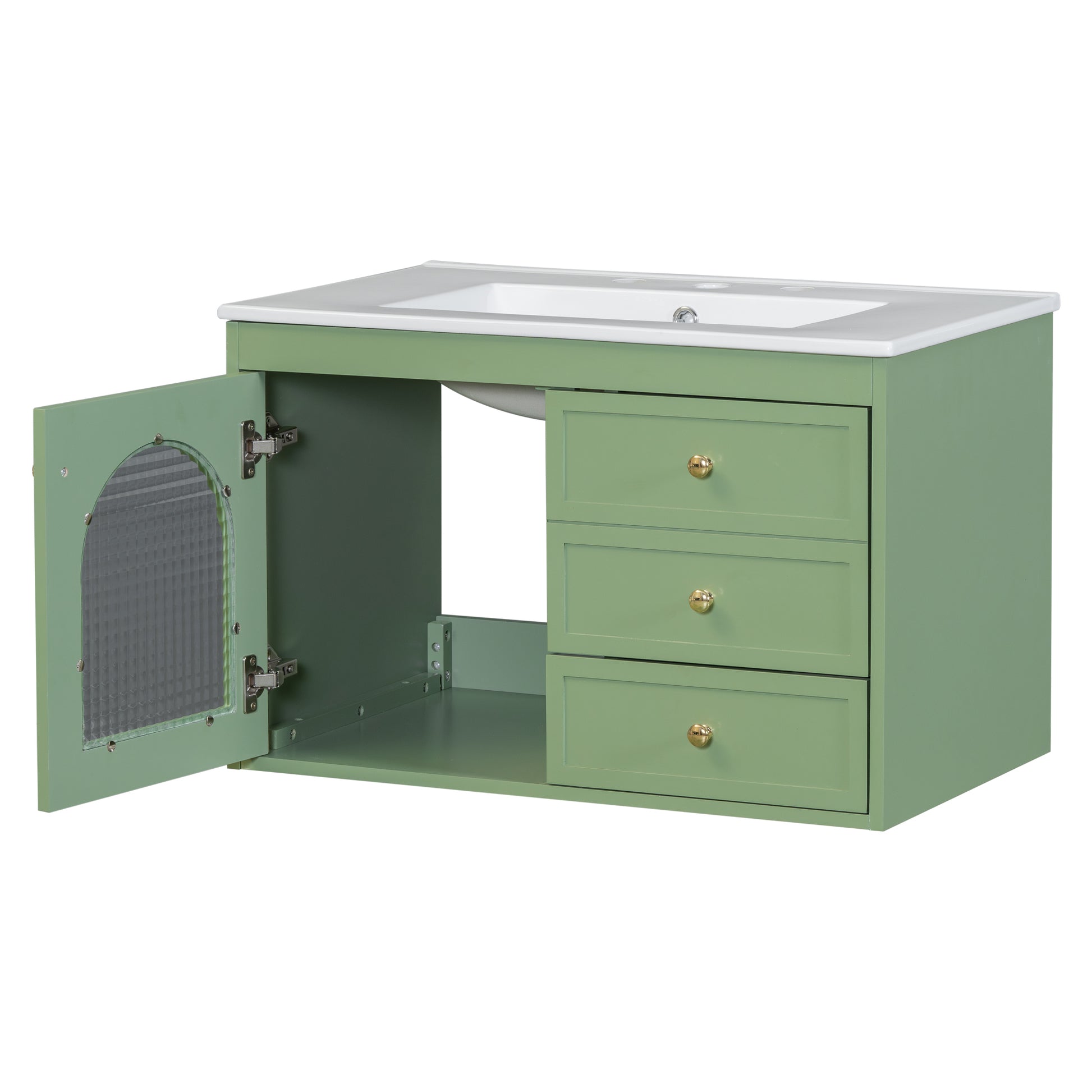 30X18X19.6 Inches Elegant Floating Bathroom Vanity Sink And Cabinet Combo 1 Door And 2 Drawers Green Bathroom Mdf