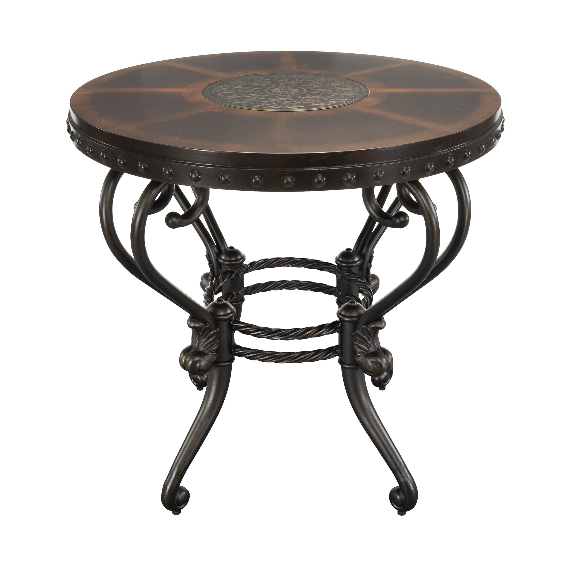 Formal Traditional End Table 1Pc Round Decorative Top Curved Metal Base Living Room Furniture Side Table Dark Cherry Finish Brown Mix Primary Living Space Traditional Coffee & End Tables Round Metal & Wood