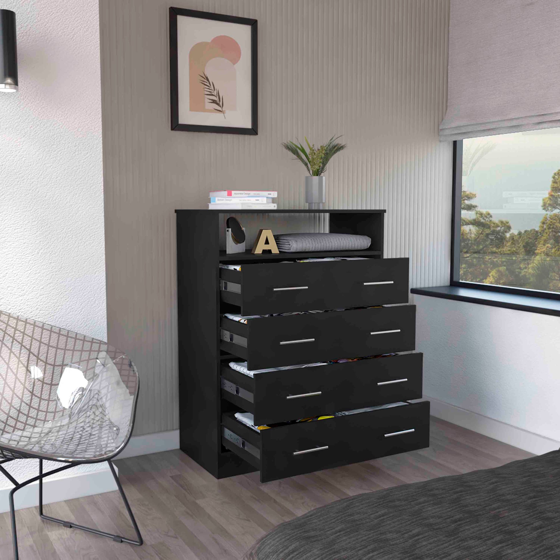 Peru L Four Drawer Dresser, Superior Top, One Open Shelf Black Black B