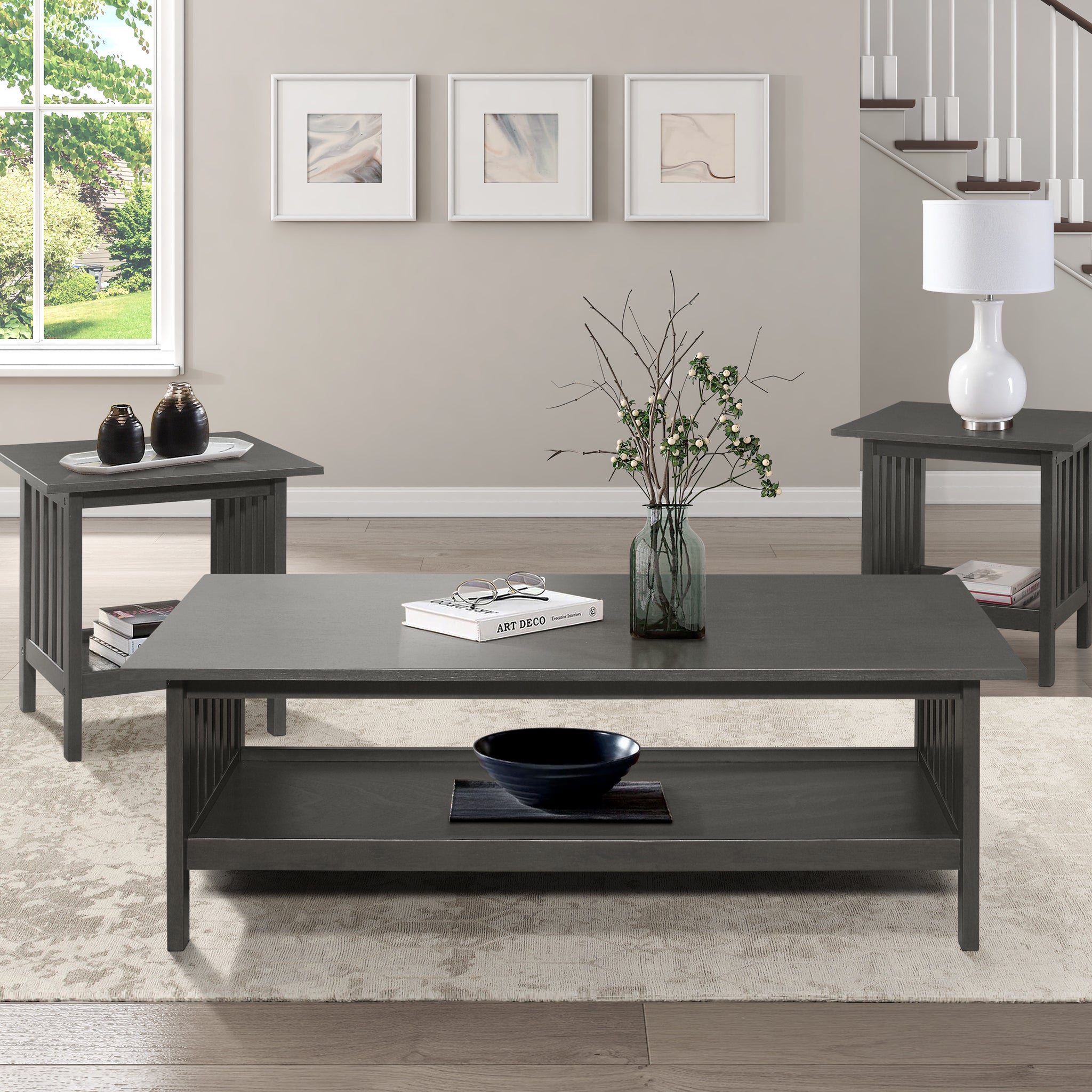 Classic Style Coffee Table And Two End Table Set Antique Gray Finish