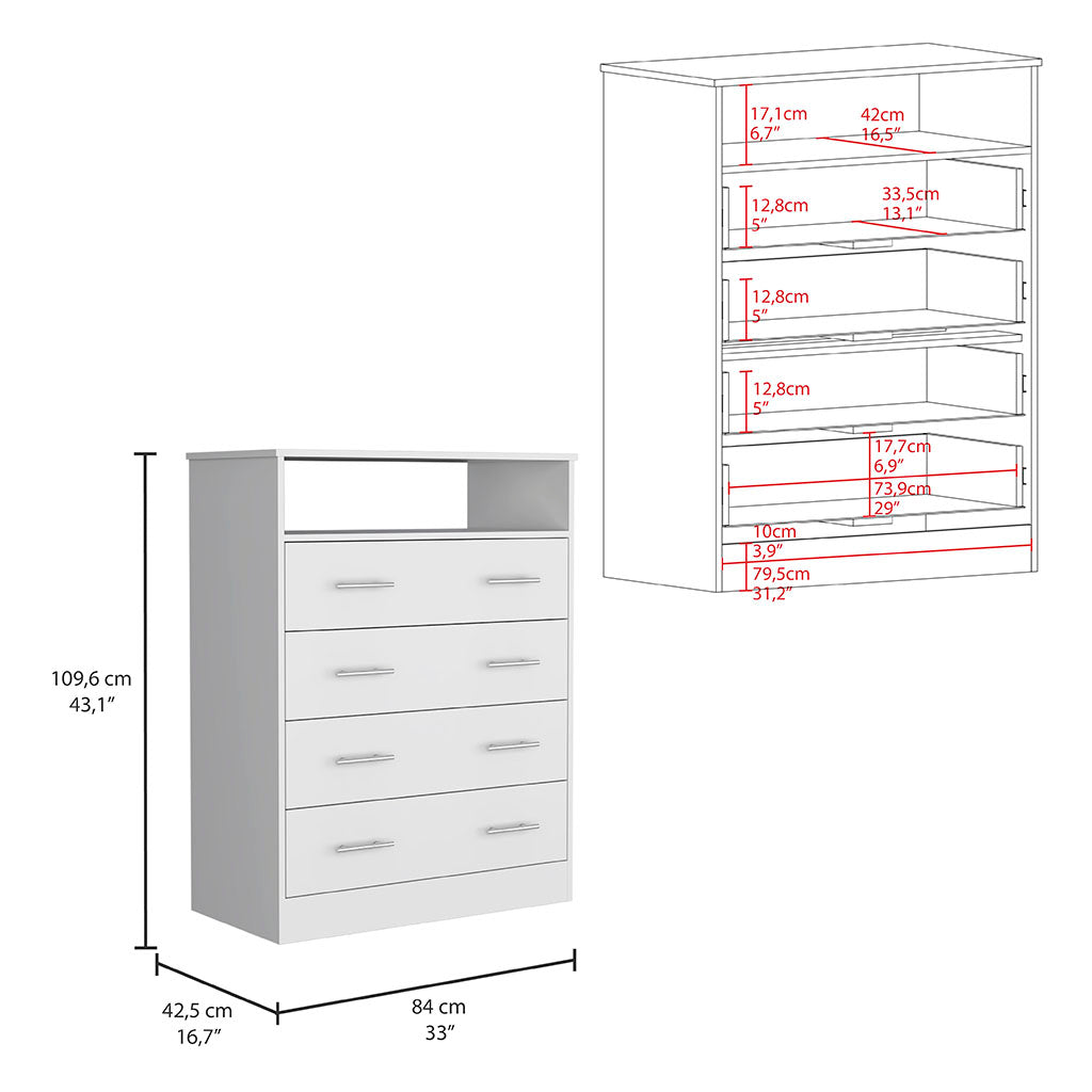 Peru L Four Drawer Dresser, Superior Top, One Open Shelf White White Bedroom Modern Particle Board Particle Board