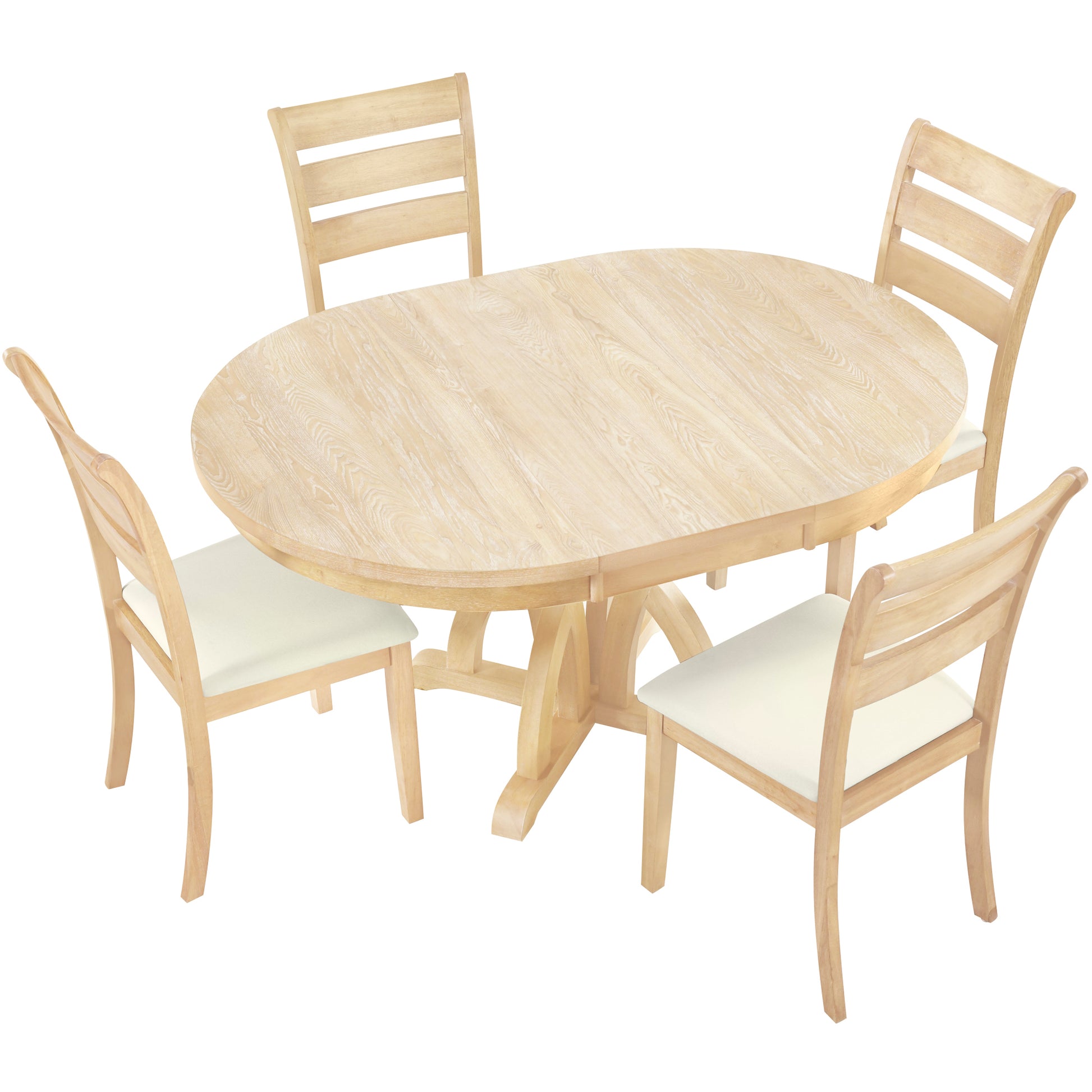 5 Piece Farmhouse Round Pedestal Extending Dining Table Set Extendable Kitchen Table Set With 15.8" Removable Leaf And Ladder Back Dining Chairs For Small Places, Natural Wood Dining Room Extendable Rubberwood Oval Dining Table With Chair Upholstered
