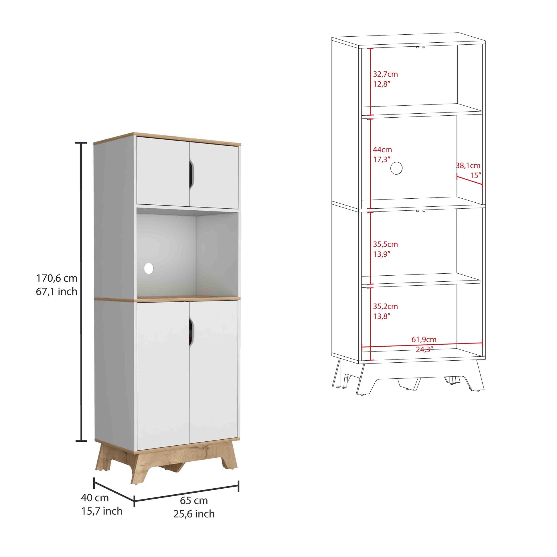 Pamplona Microwave Tall Cabinet Counter Surface, Top And Lower Double Doors Cabinets Light Oak White Multicolor Kitchen Shelves Included Modern Particle Board Particle Board