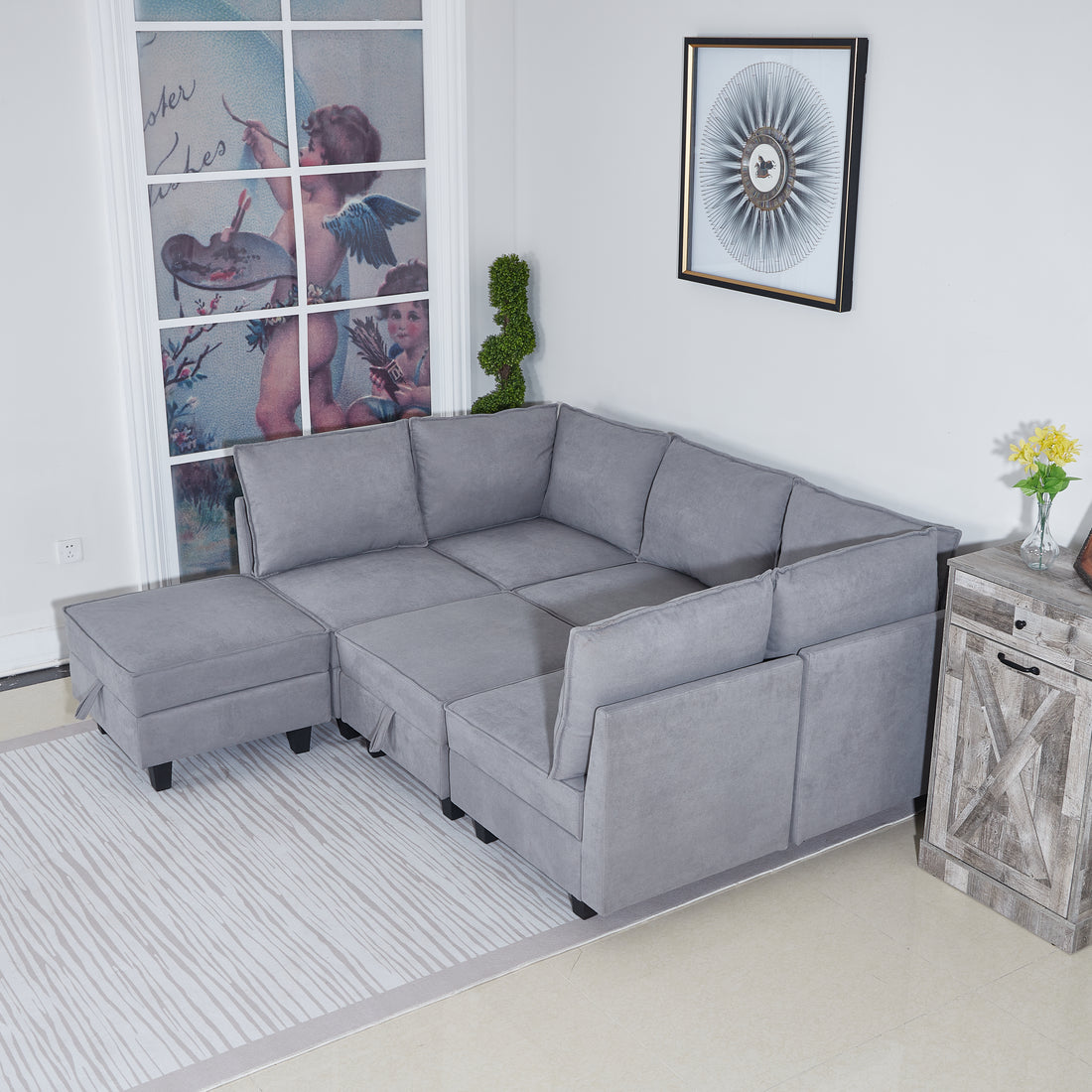 7 Seat Couch Woven Fabric 7 Seater Sectional Sofa With Storage Grey Grey Chenille Wood Primary Living Space Medium Soft Cushion Back Medium Duty Casual,Classic,Modern Armless Foam Wood 7 Seat