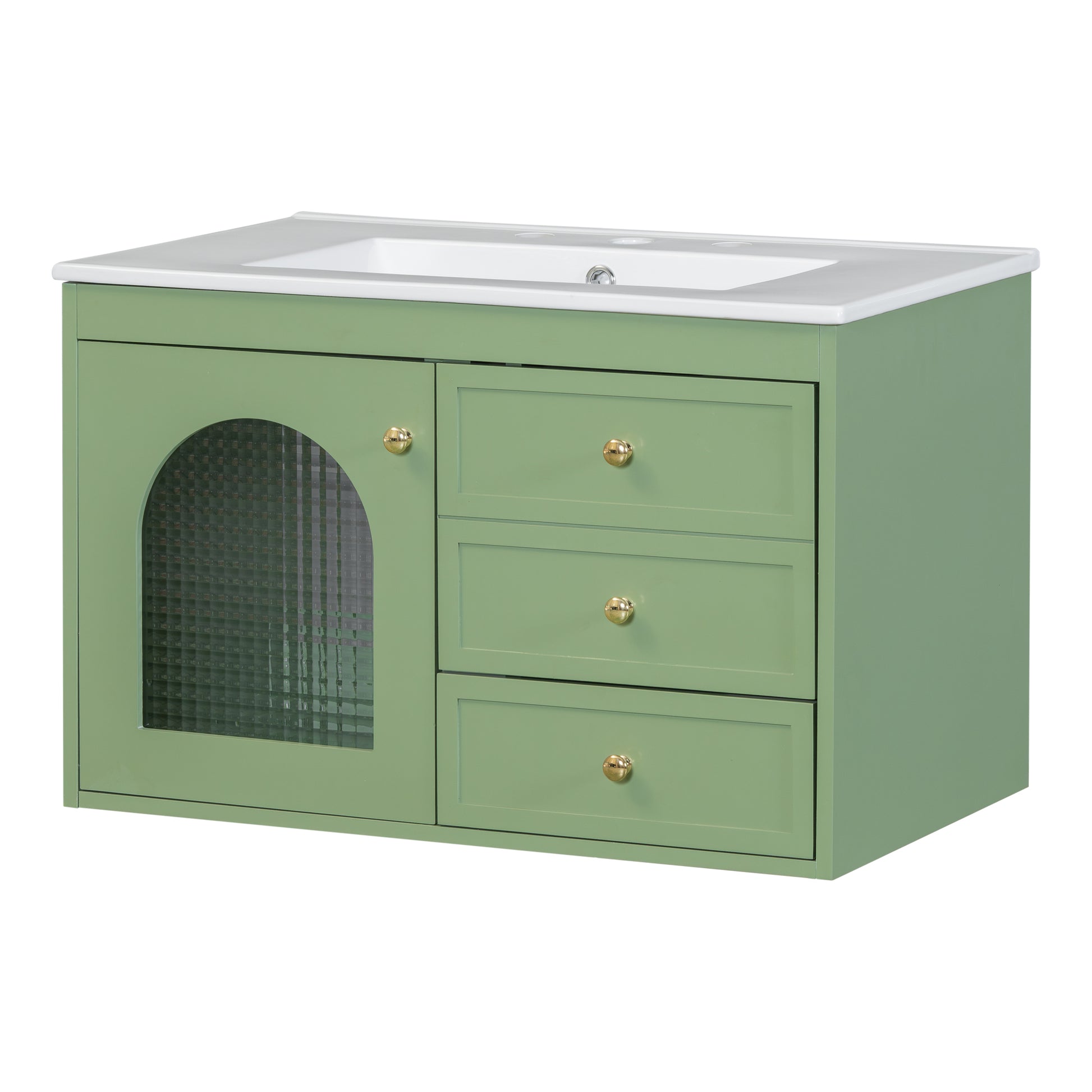 30X18X19.6 Inches Elegant Floating Bathroom Vanity Sink And Cabinet Combo 1 Door And 2 Drawers Green Bathroom Mdf