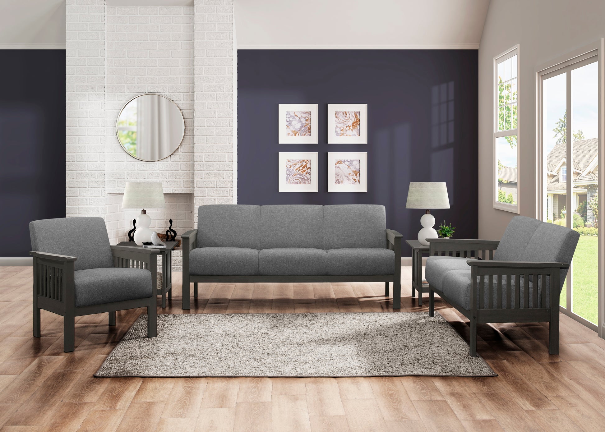 Classic Living Room 1Pc Sofa Gray Cushion Seat And Back Solid Rubberwood Furniture Transitional Style Gray Gray Polyester Wood Primary Living Space Rubberwood Solid Wood 3 Seat