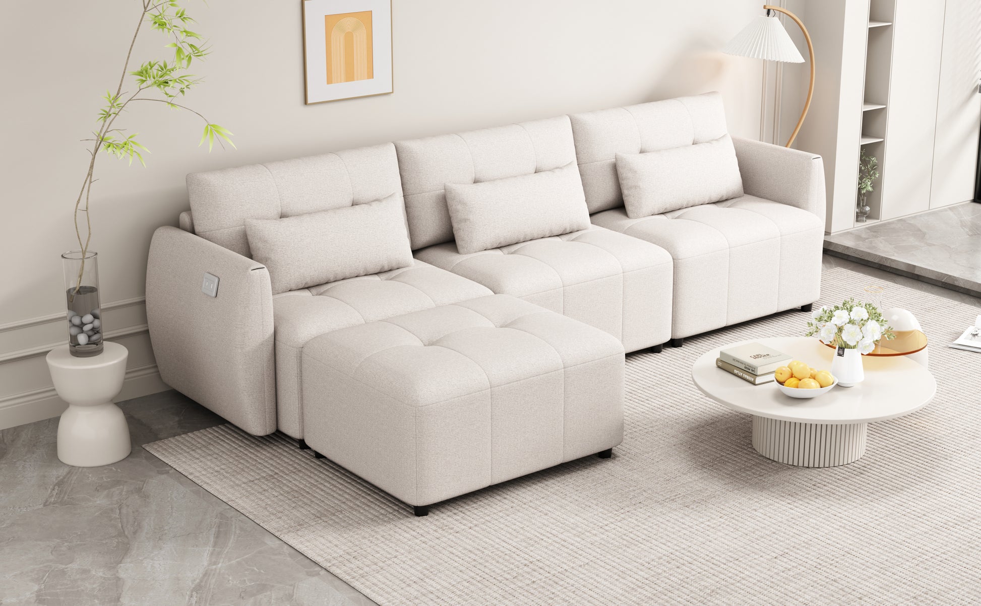 113.3" Convertible Sectional Sofa Couch 3 Seat L Shaped Sofa With Movable Ottoman And Usb For Apartment, Living Room, Bedroom, Beige Beige Chenille 3 Seat