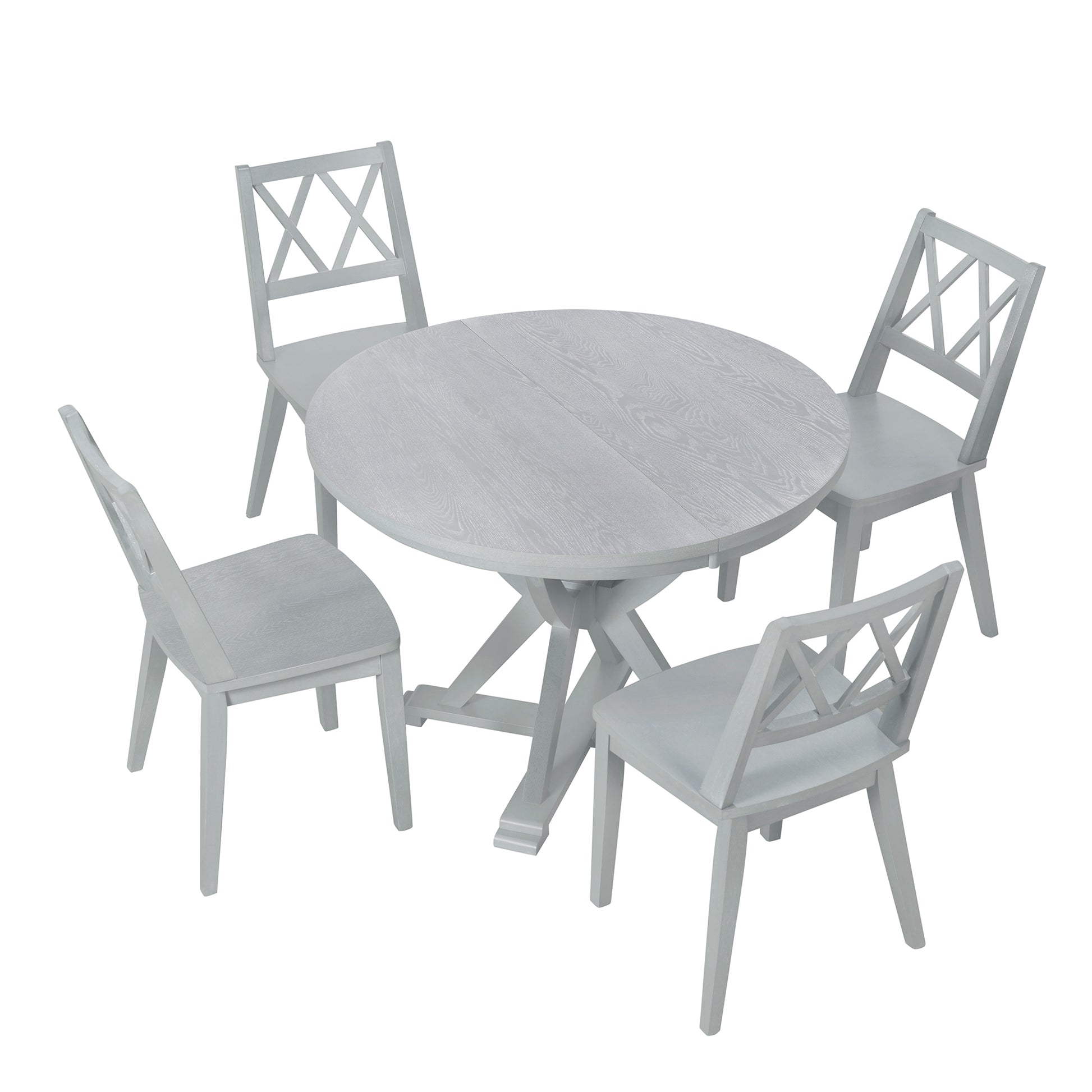 Mid Century 5 Piece Extendable Round Dining Table Set With 15.7" Removable Leaf And 4 Cross Back Dining Chairs, Grey Gray Wood Dining Room Extendable Rubberwood Oval Dining Table With Chair Wood Wood Antique Gray Seats 4 Removable Leaf Mid Century Modern