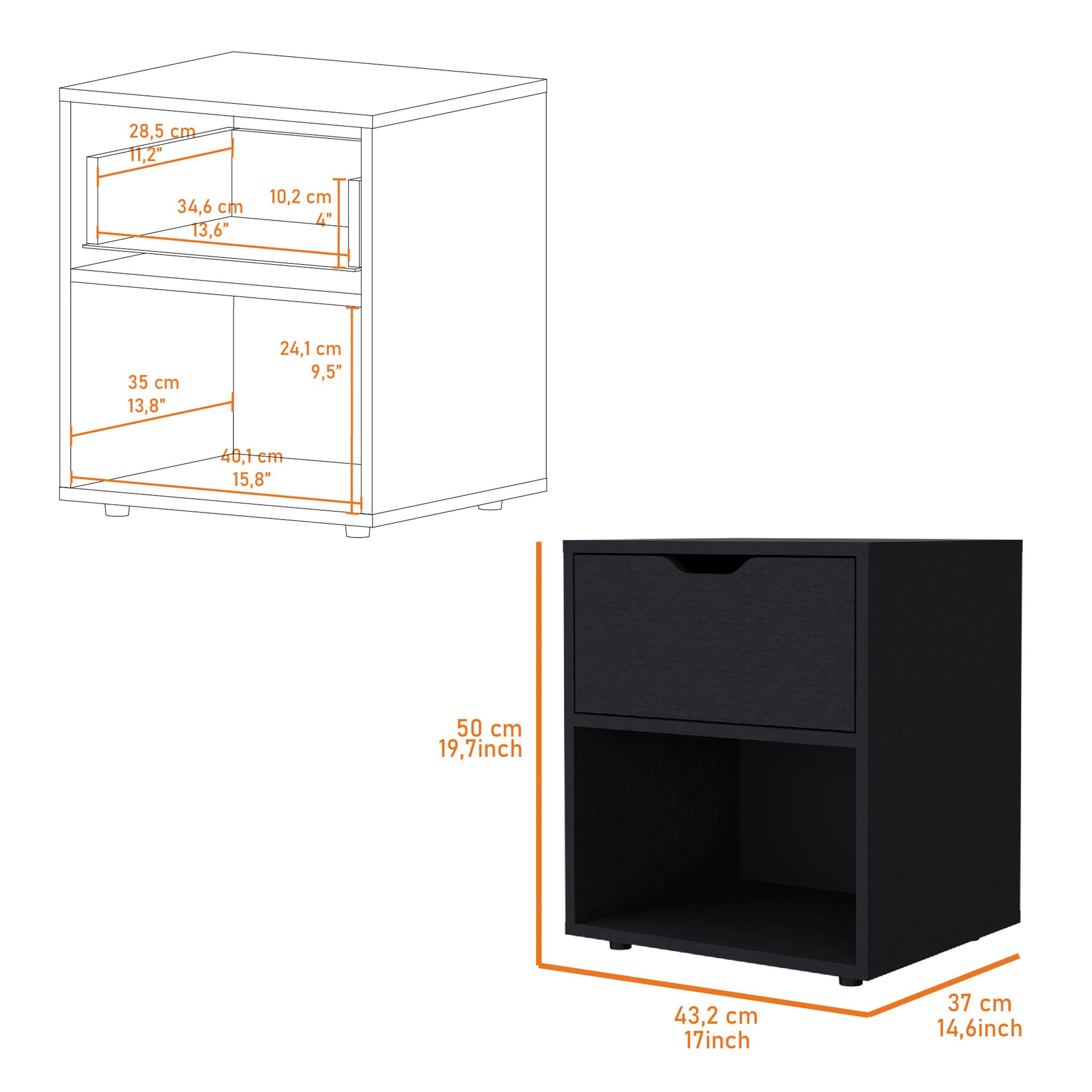 Black Elegant Drawer Nightstand Black 1 Drawer Bedroom Drawer Storage Shelf Wood