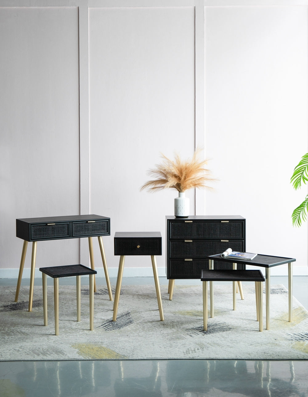 Set Of 3 Side Tables, L:25X15.5X21" M:20X15X18.5" S:14X14X16.5" Black Gold Primary Living Space Boho,Casual,Minimalist Solid Wood Mdf