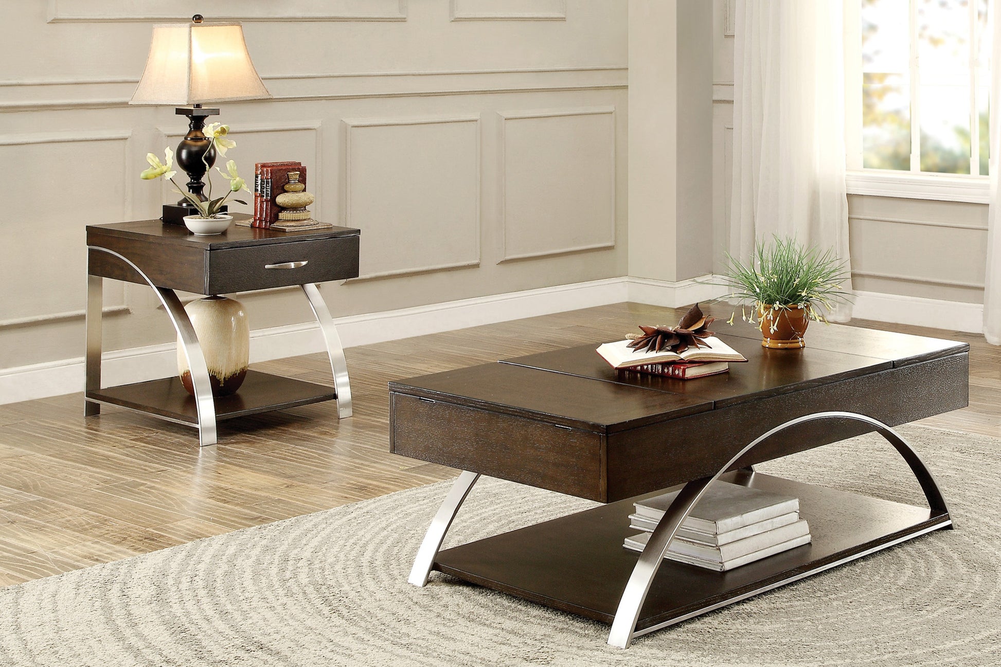 Modern Living Room Furniture 1Pc Lift Top Coffee Table With Display Shelf Espresso Finish Wood Chrome Metal Finish Unique Style Cocktail Table Espresso Primary Living Space Modern Coffee & End Tables Rectangular Wood Stainless Steel