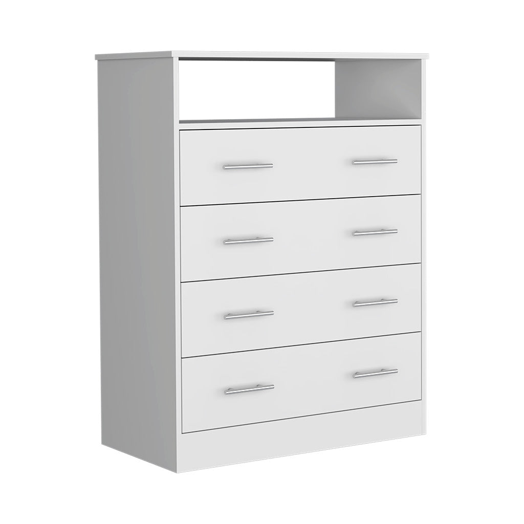 Peru L Four Drawer Dresser, Superior Top, One Open Shelf White White Bedroom Modern Particle Board Particle Board