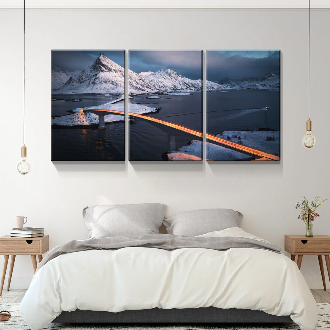 3 Panels Framed Bridge Above Ice Sea Canvas Wall Art Decor,3 Pieces Mordern Canvas Decoration Painting For Office,Dining Room,Living Room, Bedroom Decor Ready To Hang Rectangle Framed Multicolor Oversized 41In Canvas Nature Scenes