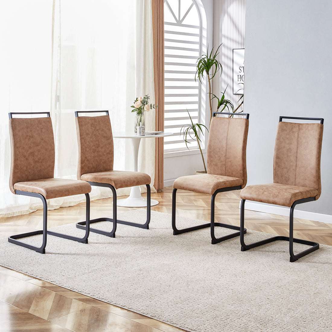 Modern Dining Chairs, Technology Cloth High Back Upholstered Side Chair With C Shaped Tube Black Metal Legs For Dining Room Kitchen Vanity Club Guest Office Chair Set Of 4 Brown 1162 Brown Foam Fabric