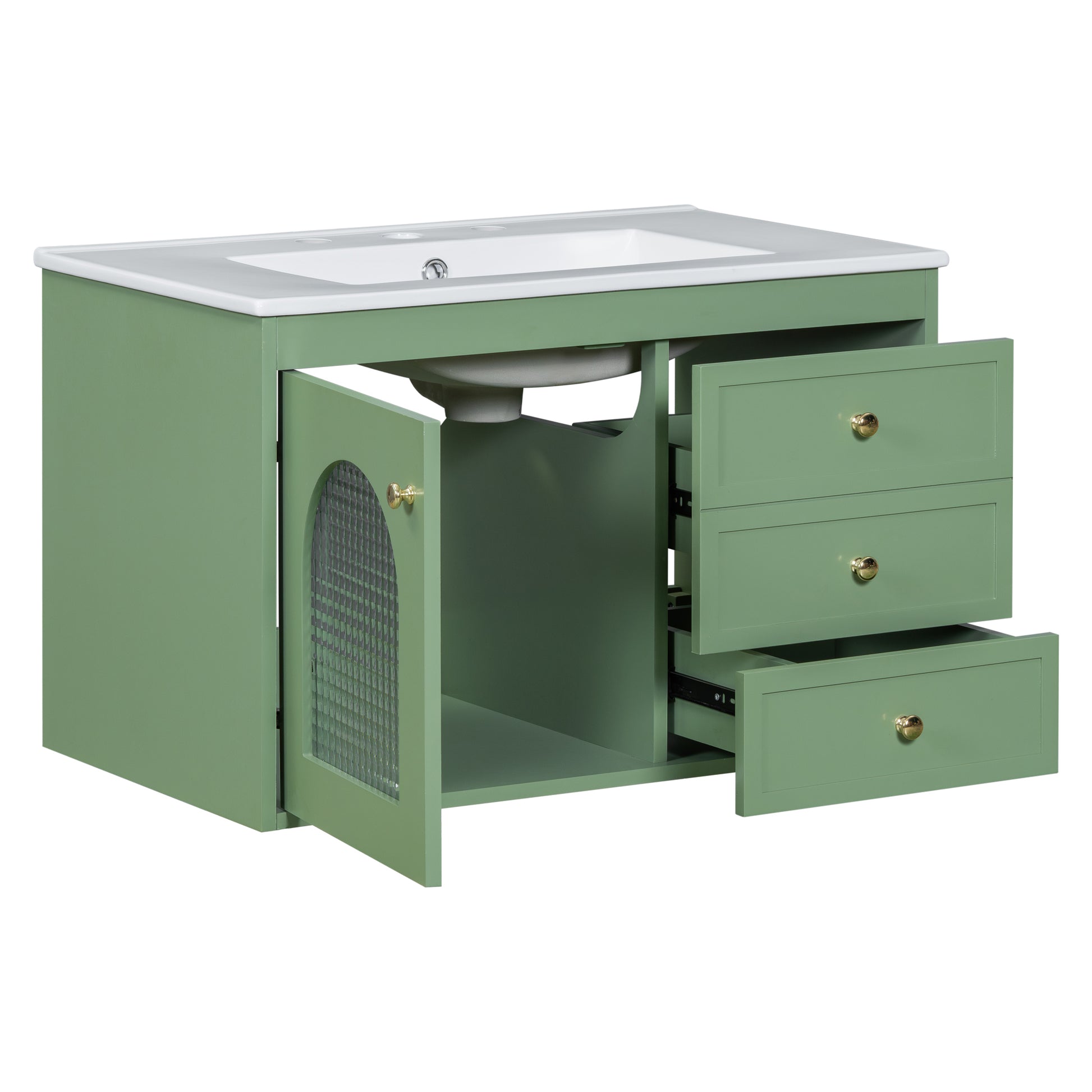 30X18X19.6 Inches Elegant Floating Bathroom Vanity Sink And Cabinet Combo 1 Door And 2 Drawers Green Bathroom Mdf