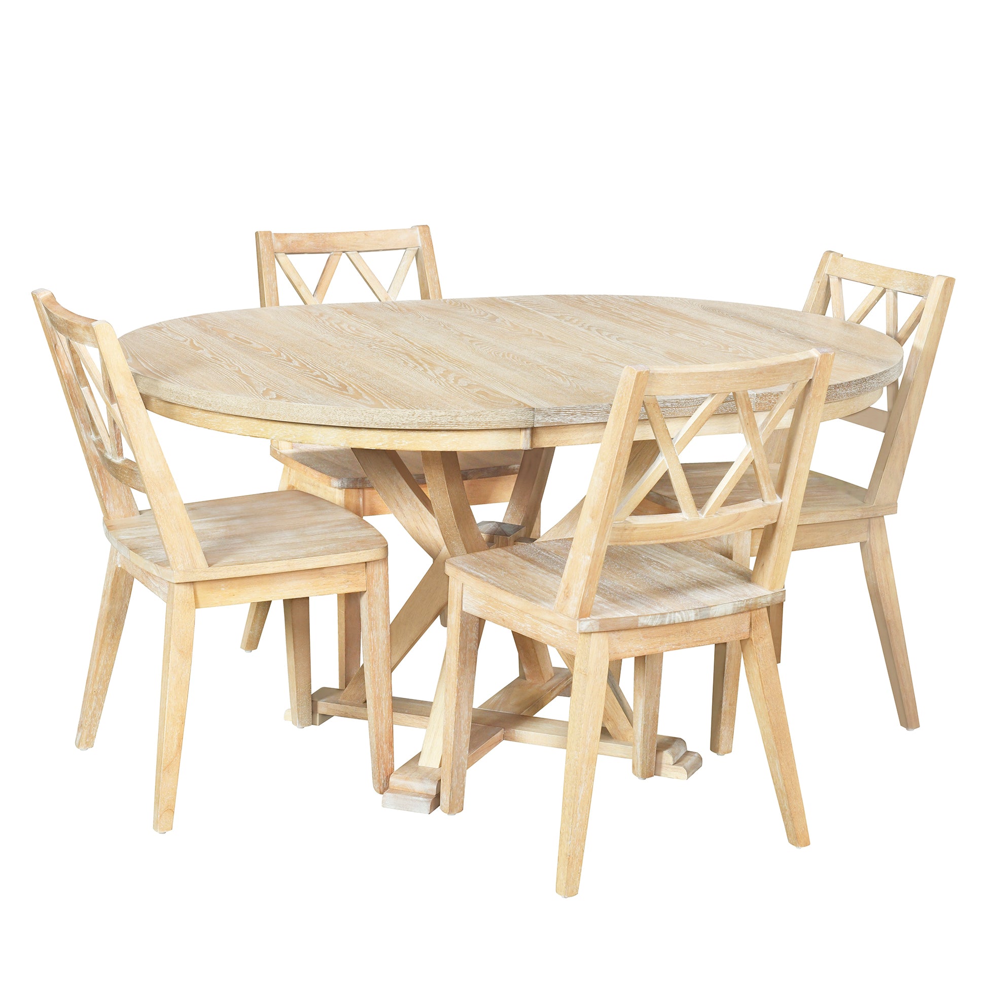 Mid Century 5 Piece Extendable Round Dining Table Set With 15.7" Removable Leaf And 4 Cross Back Dining Chairs, Natural Wood Dining Room Extendable Rubberwood Oval Dining Table With Chair Wood Wood Natural Seats 4 Removable Leaf Mid Century Modern Oval