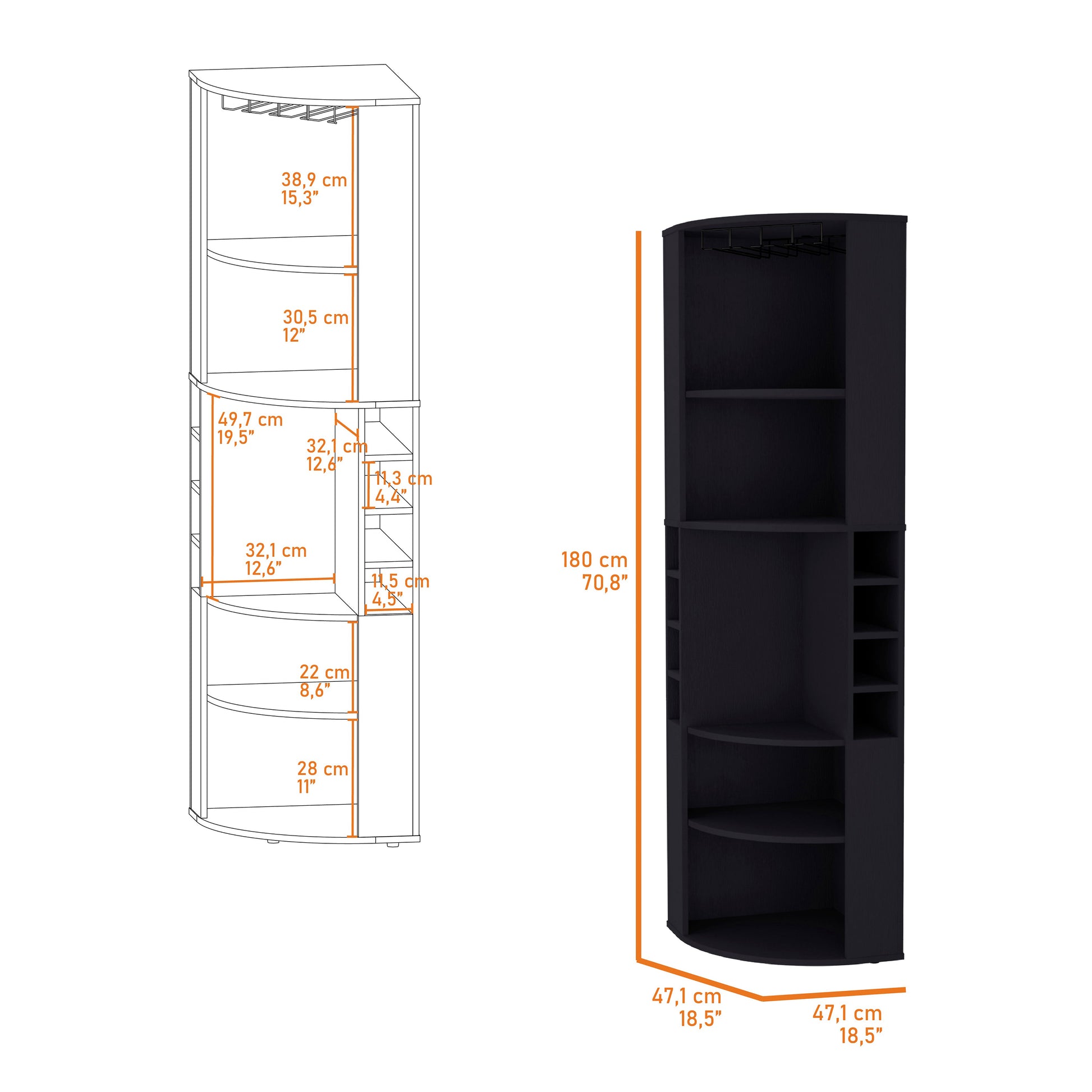 Avery Black 5 Large Shelves Corner Bar Cabinet Vertical 5 Or More Shelves Black Primary Living Space Shelves Included Wood