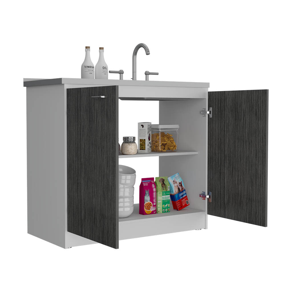 Napoles Utility Sink With Cabinet, One Shelf, Double Door Cabinet White Smokey Oak 1 2 Spaces Multicolor Kitchen Shelves Included Modern Particle Board Particle Board