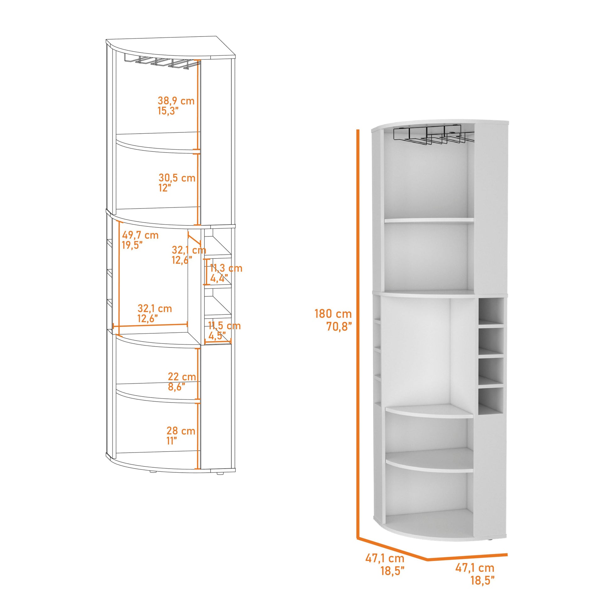 White 5 Large Shelves Corner Bar Cabinet Vertical 5 Or More Shelves White White Primary Living Space Shelves Included Wood